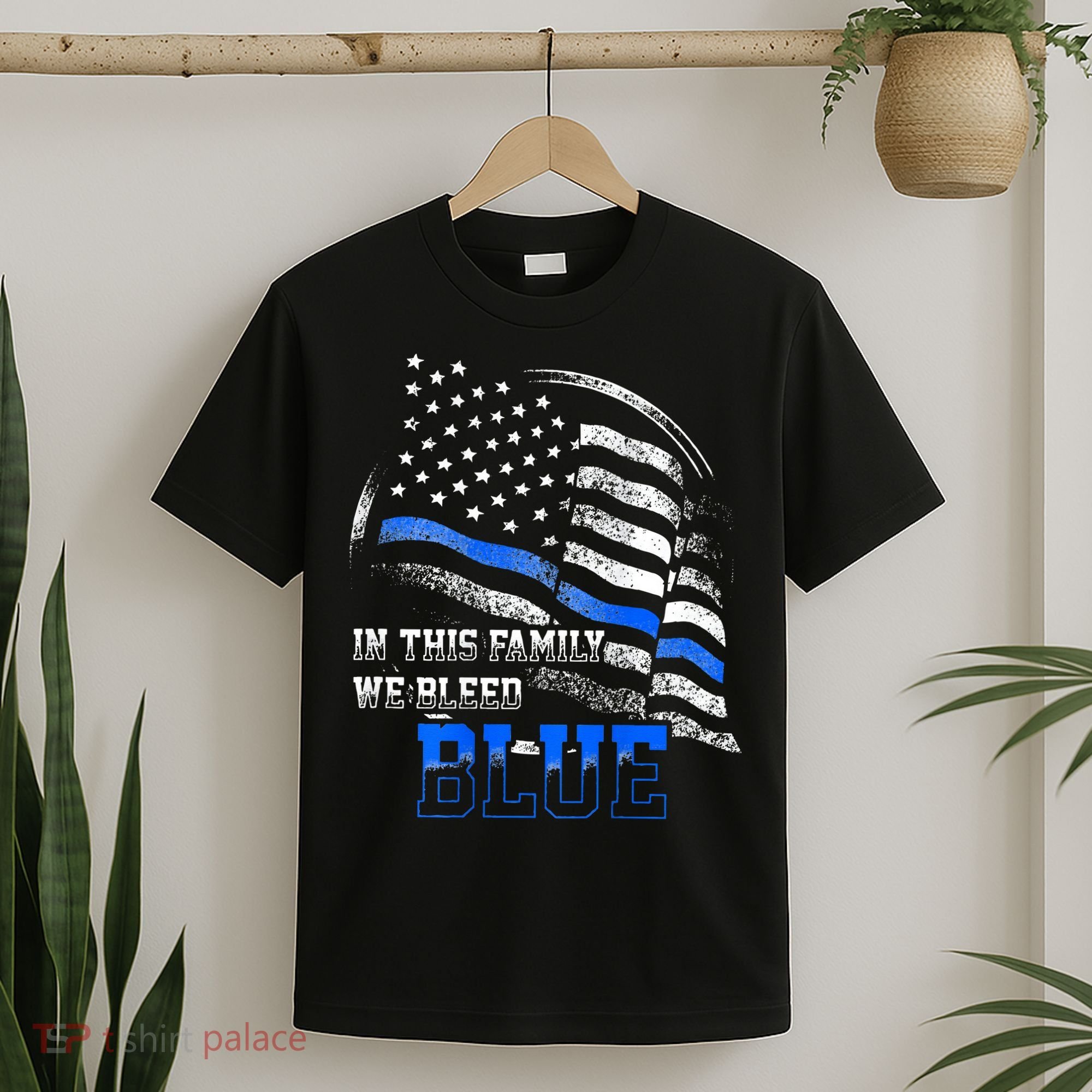 In This Family We Bleed Blue Police Blue Line Flag USA T-Shirt