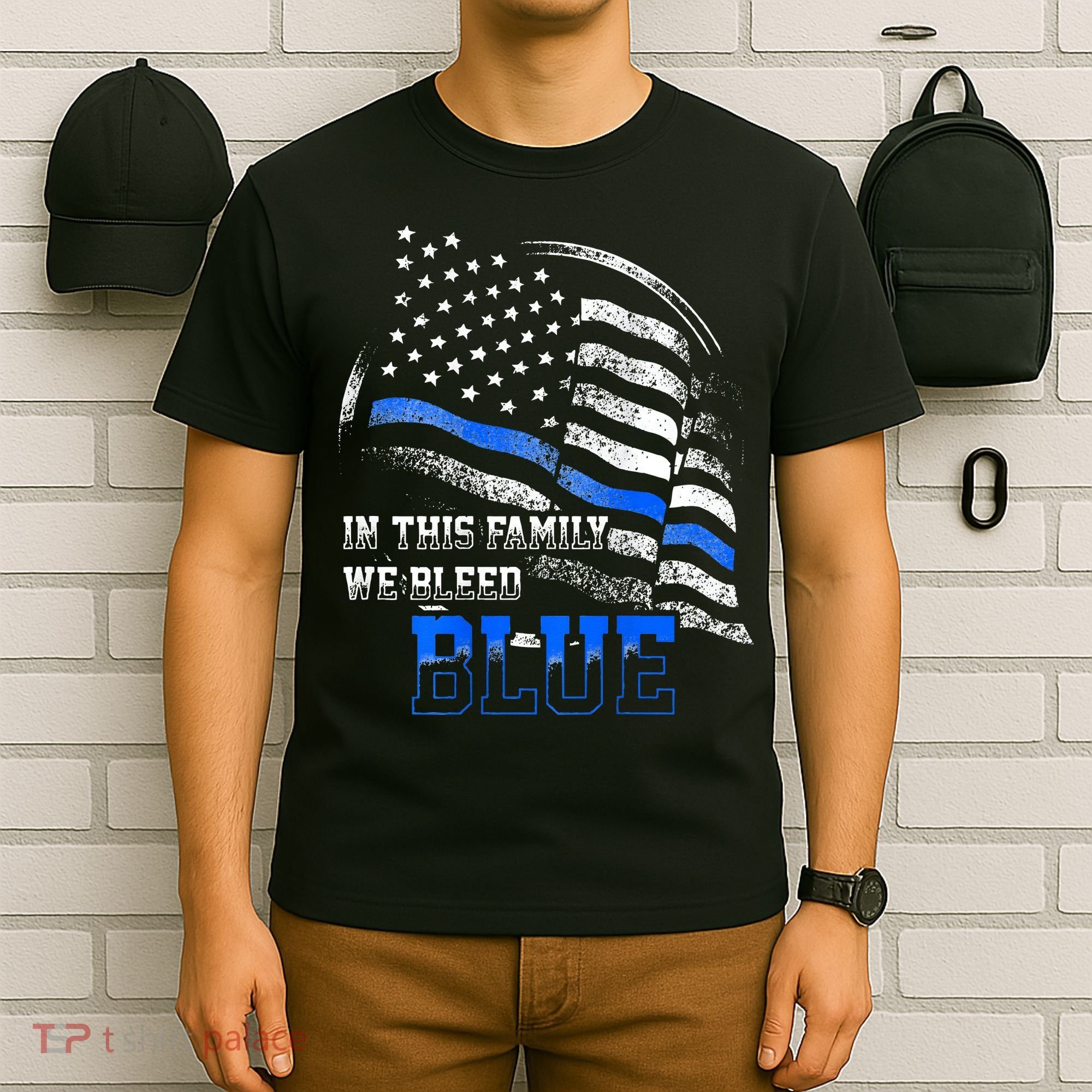 In This Family We Bleed Blue Police Blue Line Flag USA T-Shirt