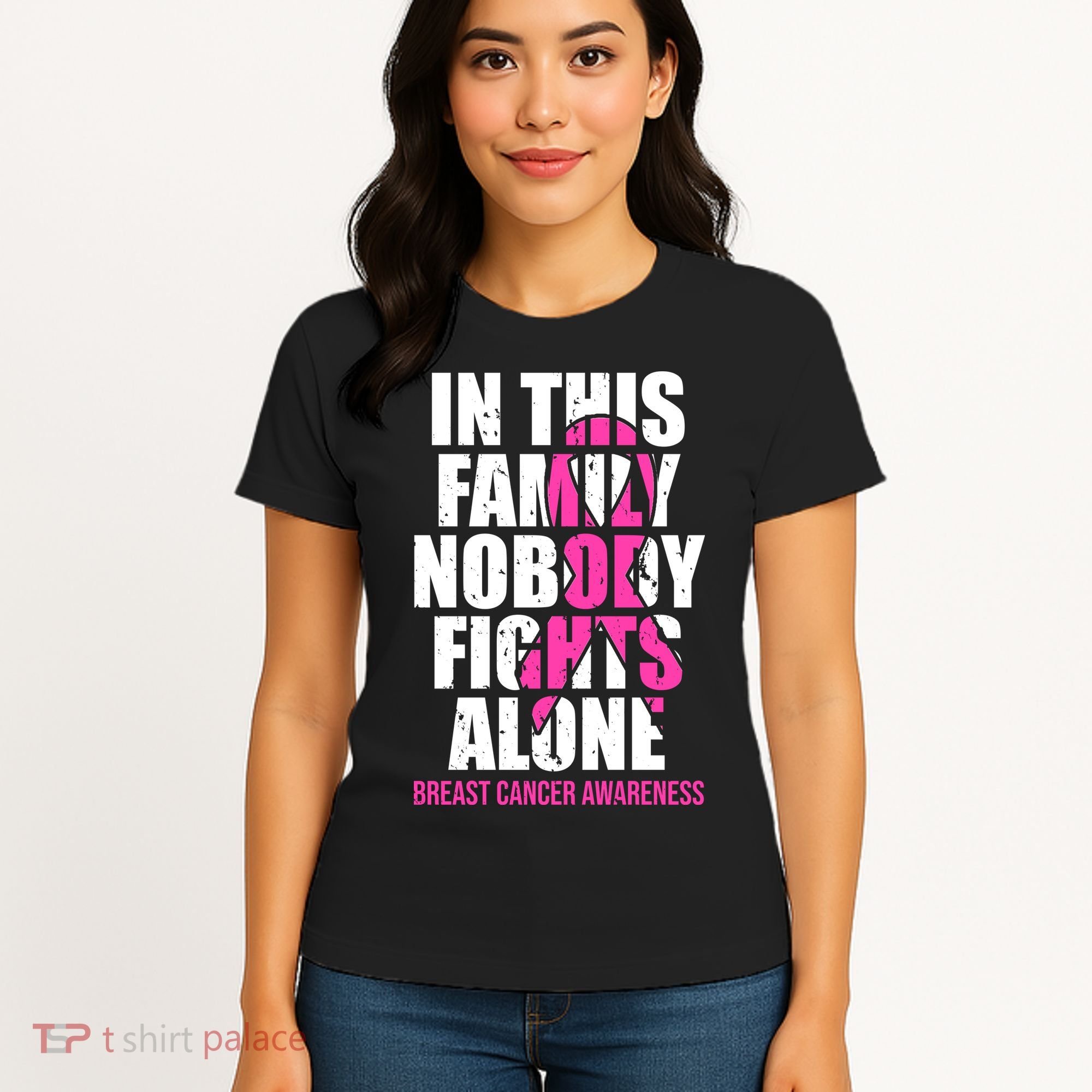 In This Family No One Fights Alone Breast Cancer Pink Ribbon Women's T-Shirt