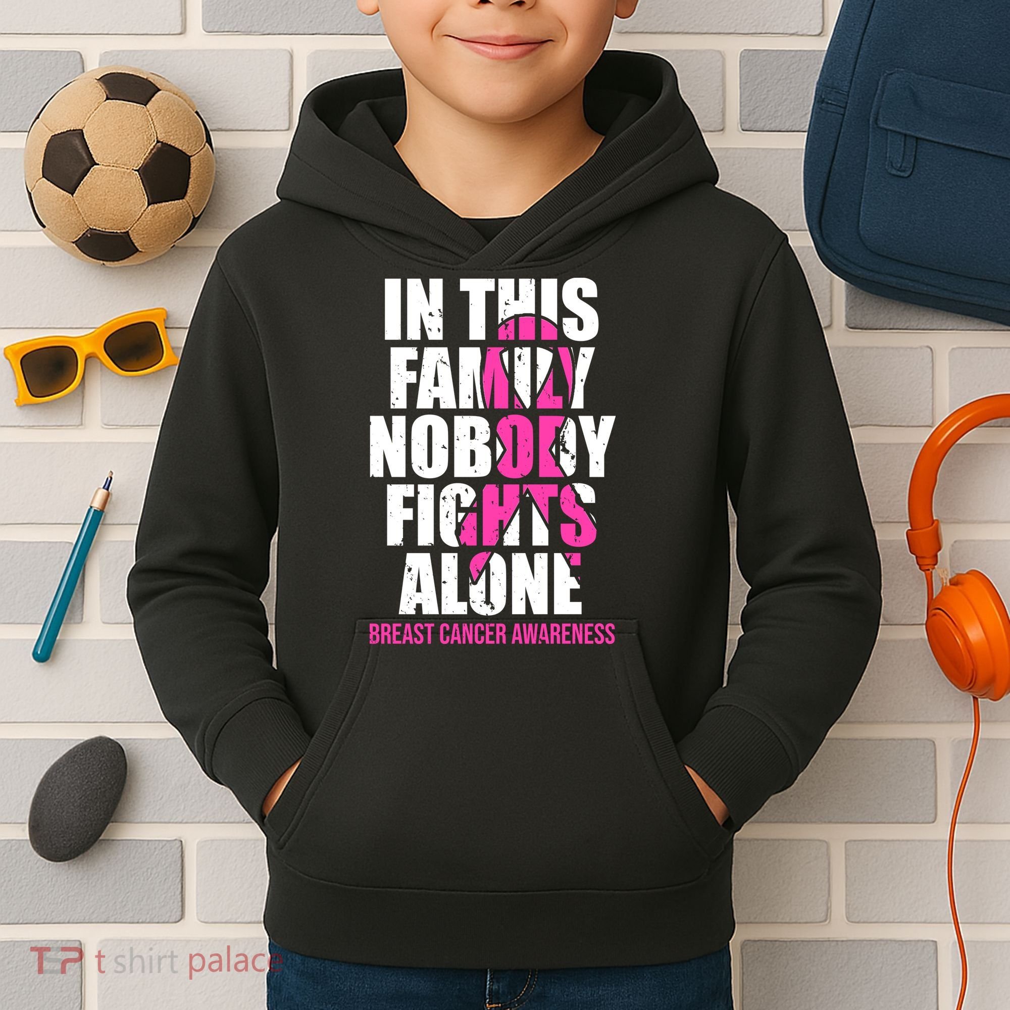 In This Family No One Fights Alone Breast Cancer Pink Ribbon Kids Hoodie