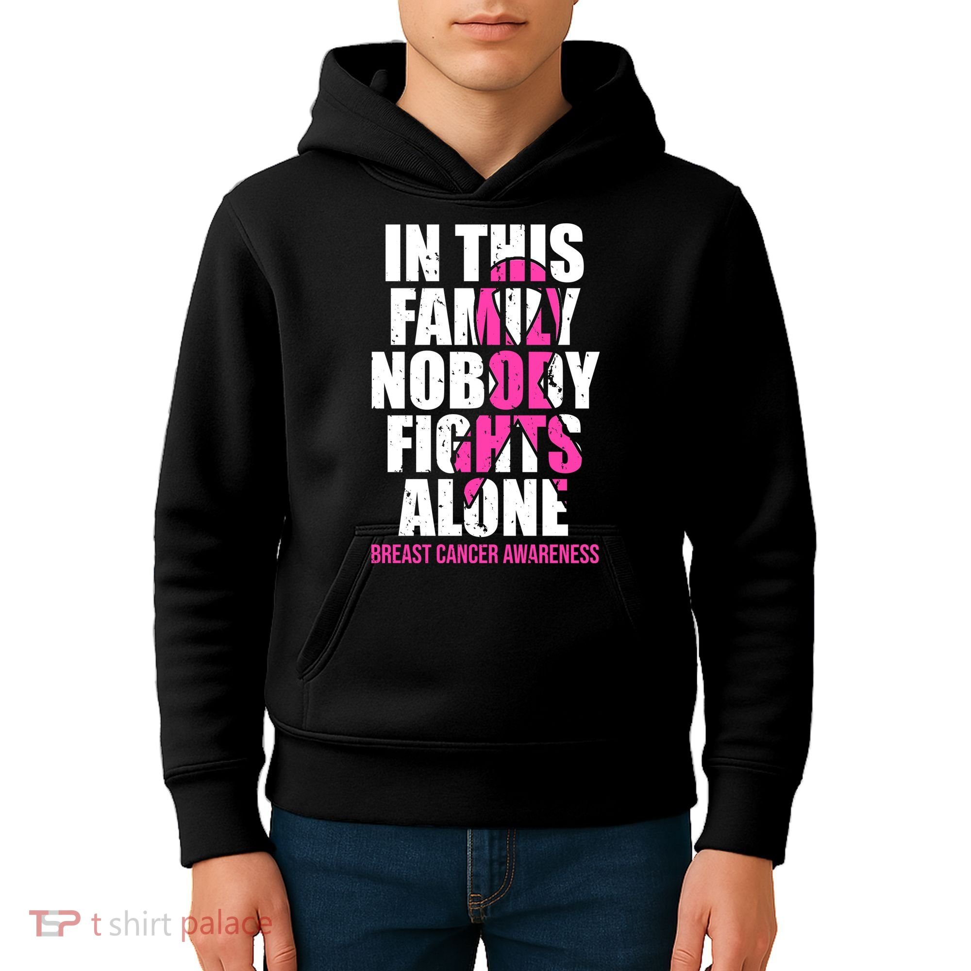 In This Family No One Fights Alone Breast Cancer Pink Ribbon Kids Hoodie