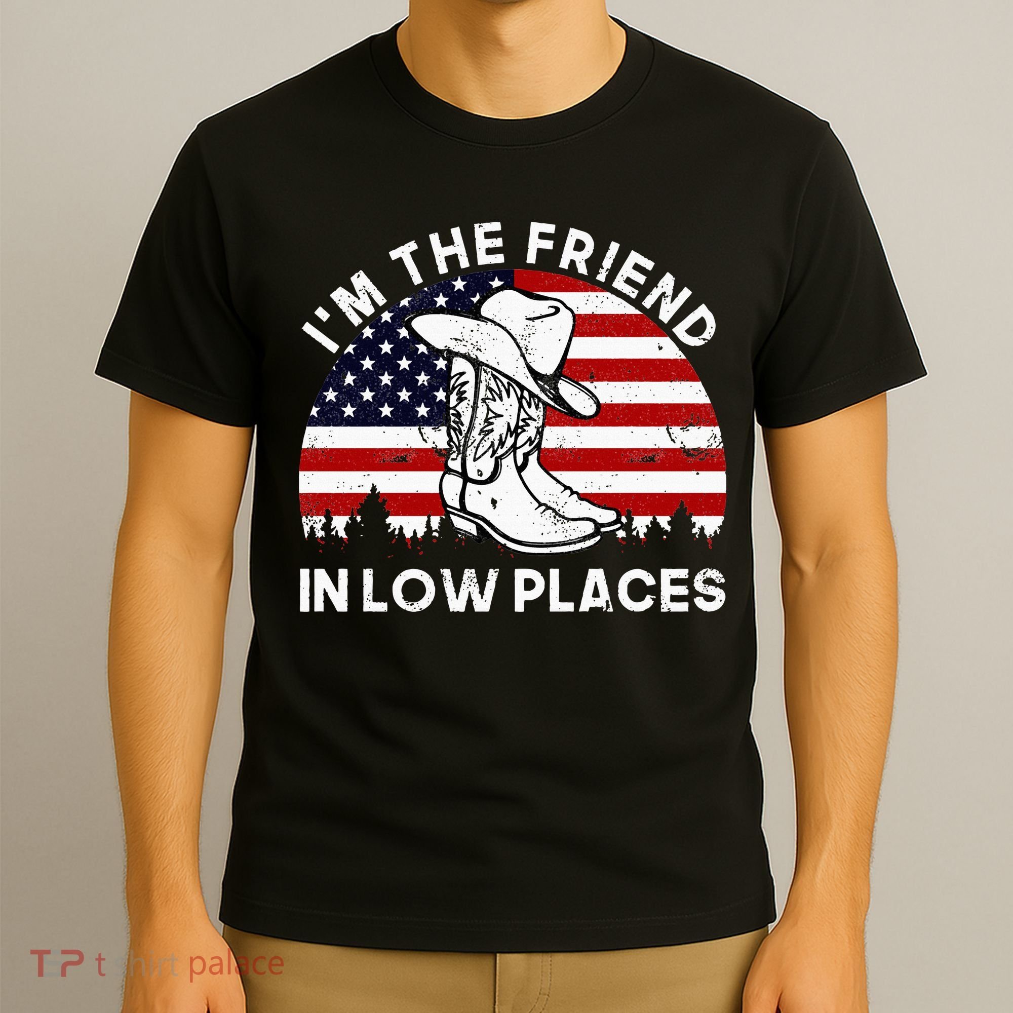 IM The Friend In Low Places Vintage Cowboy Hat Usa Flag T-Shirt