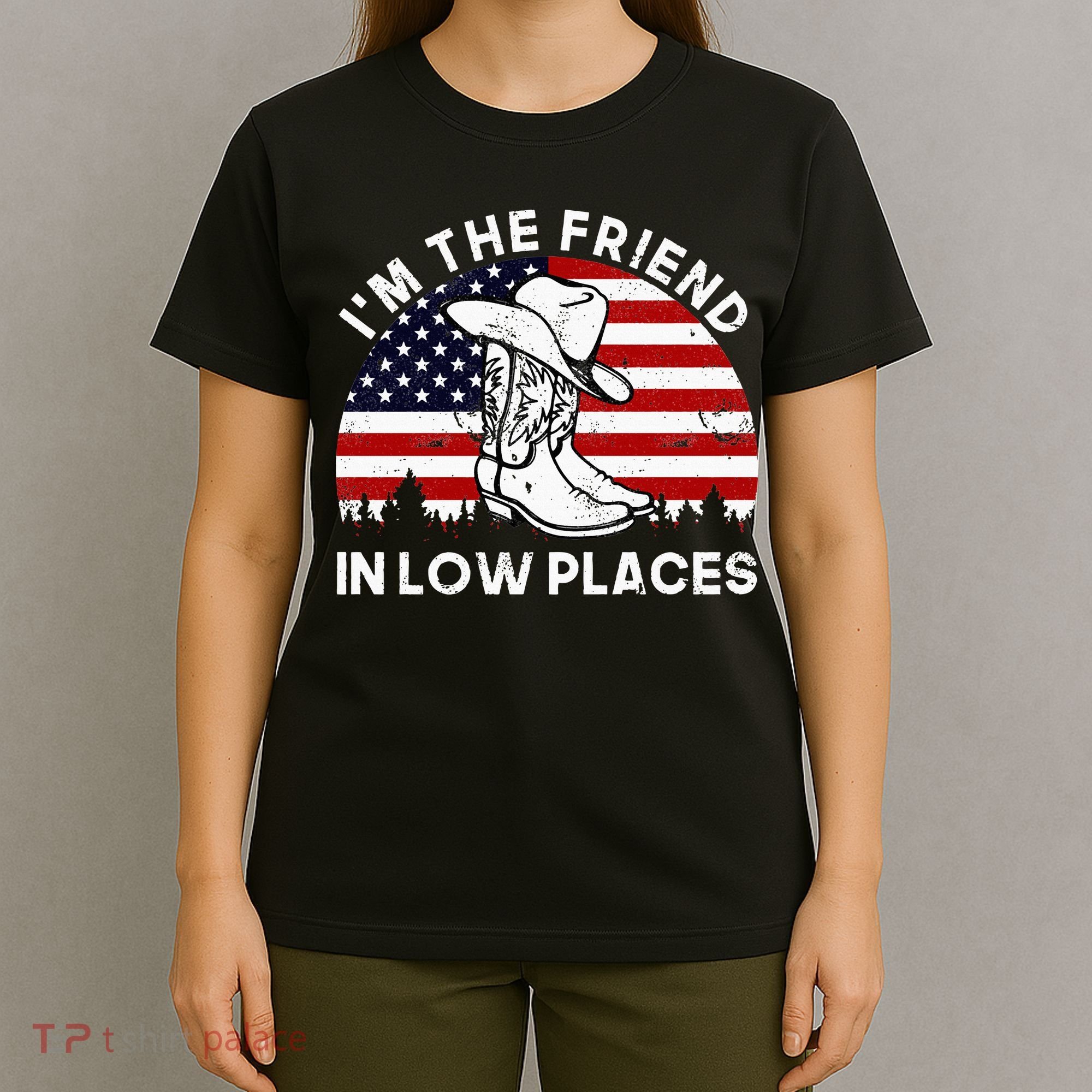 IM The Friend In Low Places Vintage Cowboy Hat Usa Flag T-Shirt