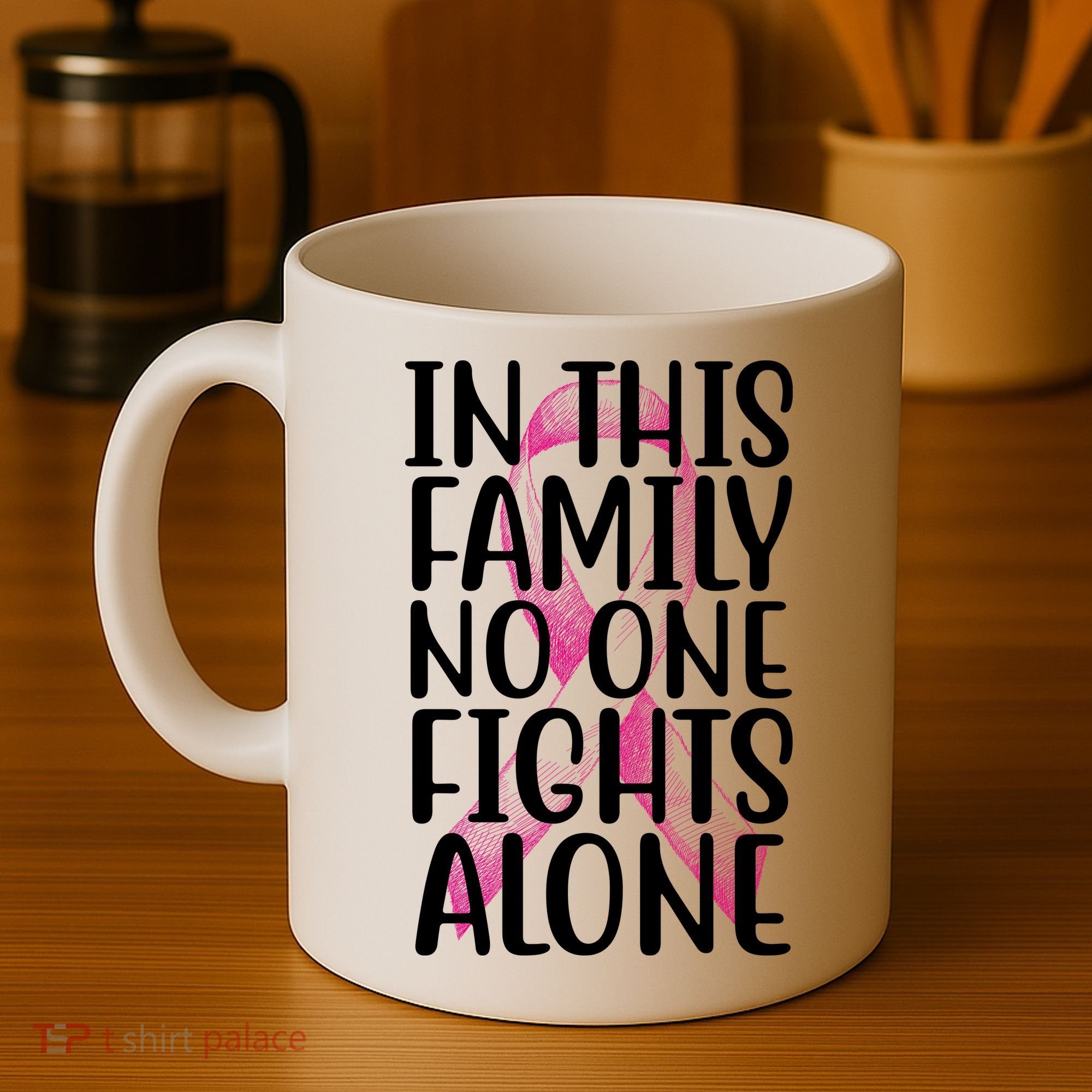 In This Family No One Fights Alone Breast Cancer Ribbon Coffee Mug