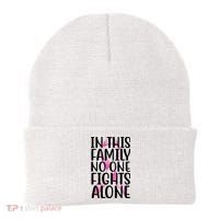 In This Family No One Fights Alone Breast Cancer Ribbon Beanie thumb 0