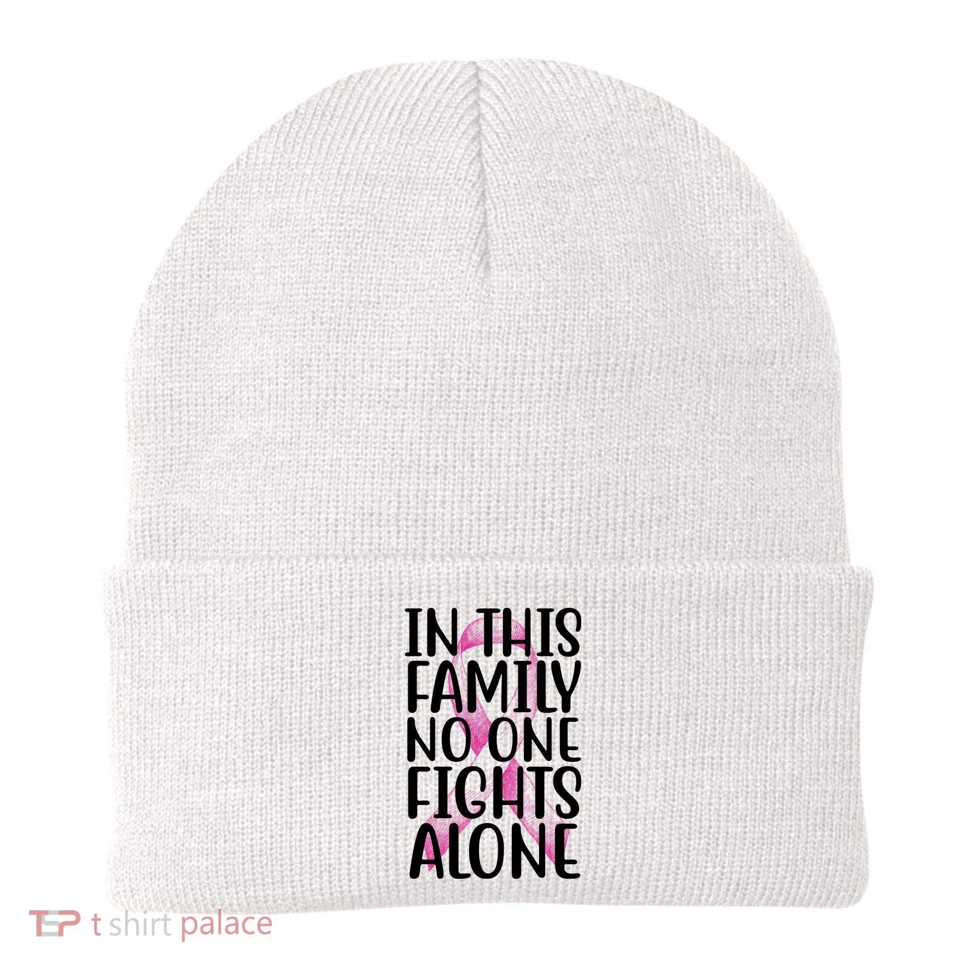 In This Family No One Fights Alone Breast Cancer Ribbon Beanie