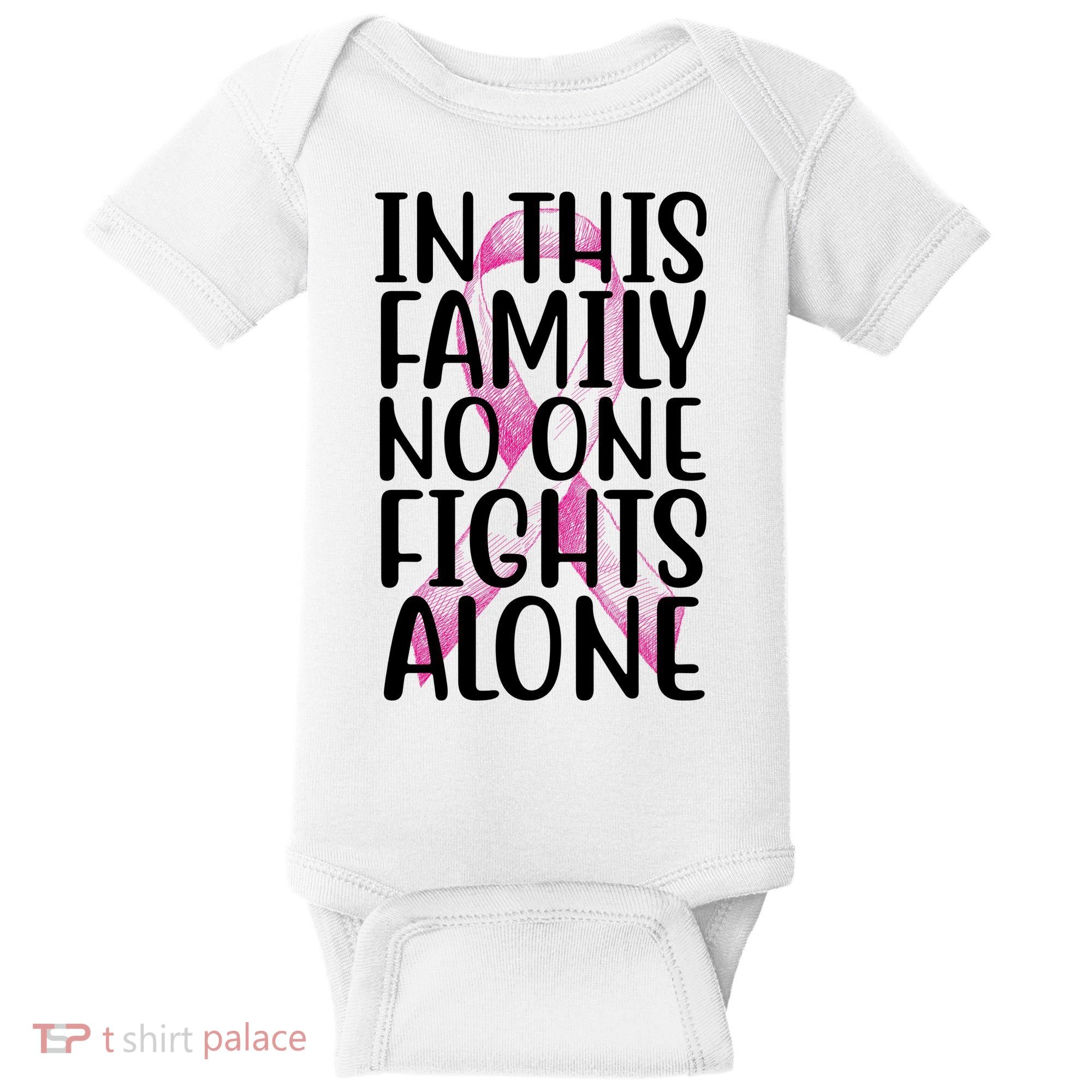 In This Family No One Fights Alone Breast Cancer Ribbon Baby Bodysuit