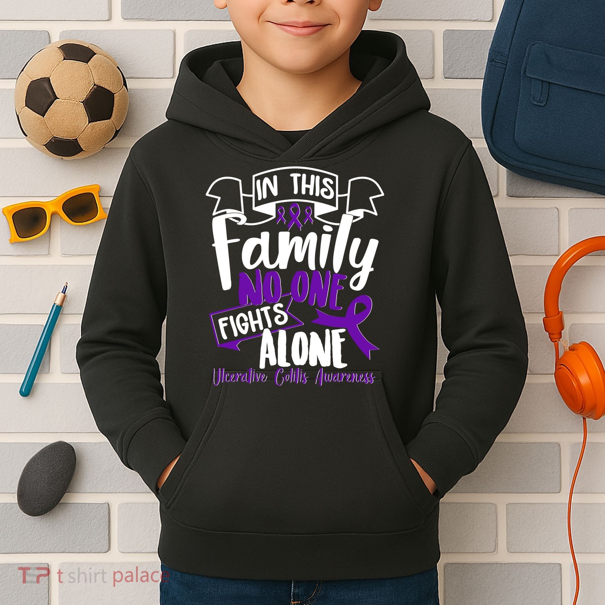 In This Family No One Fights Alone Ulcerative Colitis Awareness Kids Hoodie