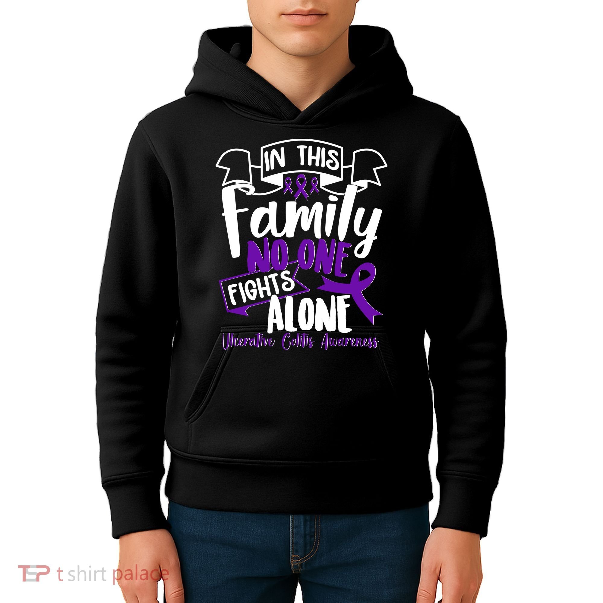 In This Family No One Fights Alone Ulcerative Colitis Awareness Kids Hoodie