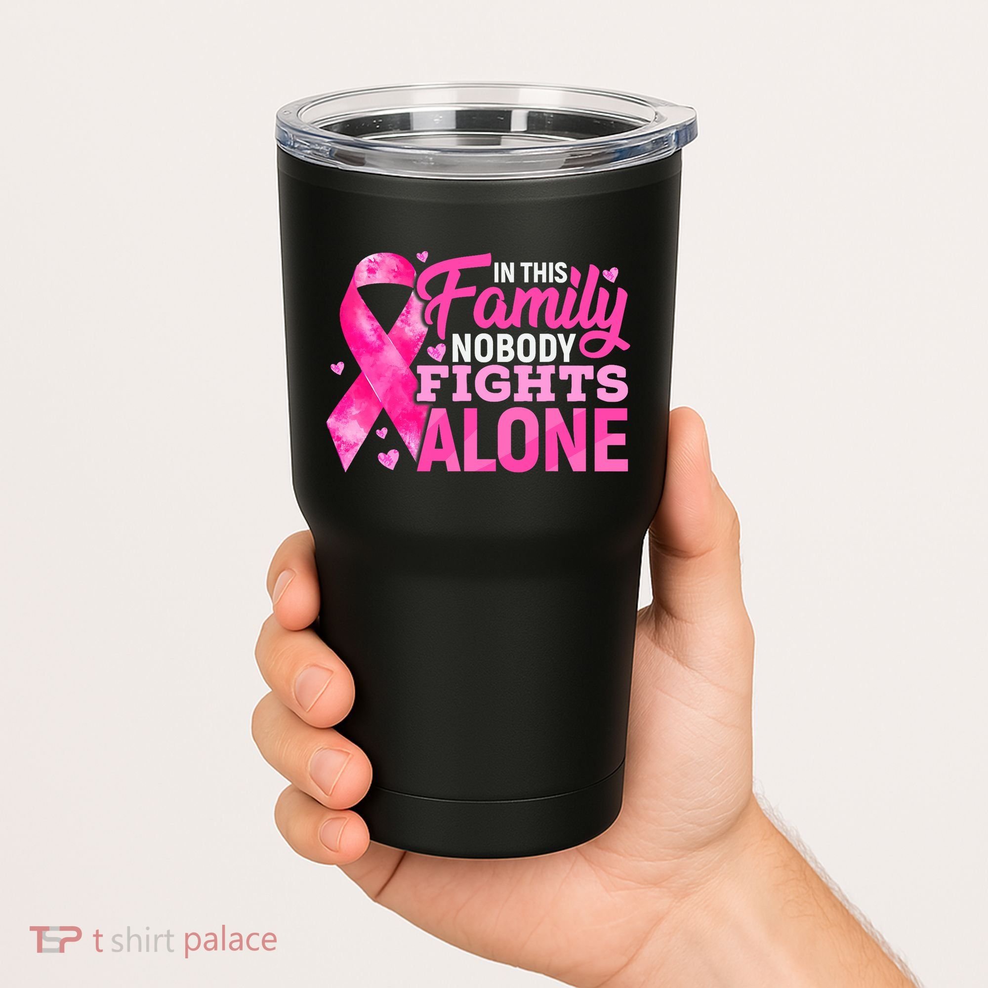 In This Family Nobody Fights Alone Breast Cancer Awareness Tumbler