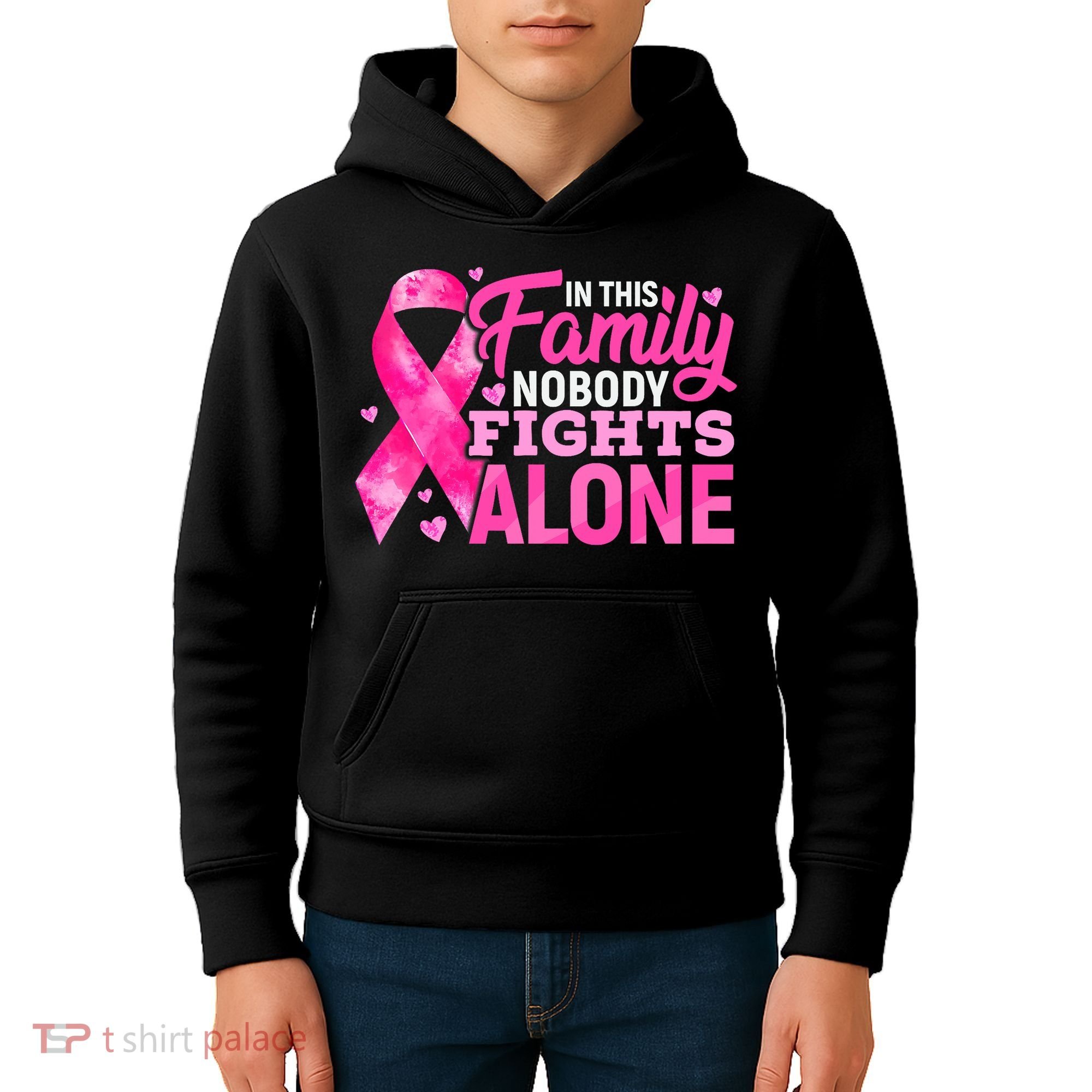 In This Family Nobody Fights Alone Breast Cancer Awareness Kids Hoodie