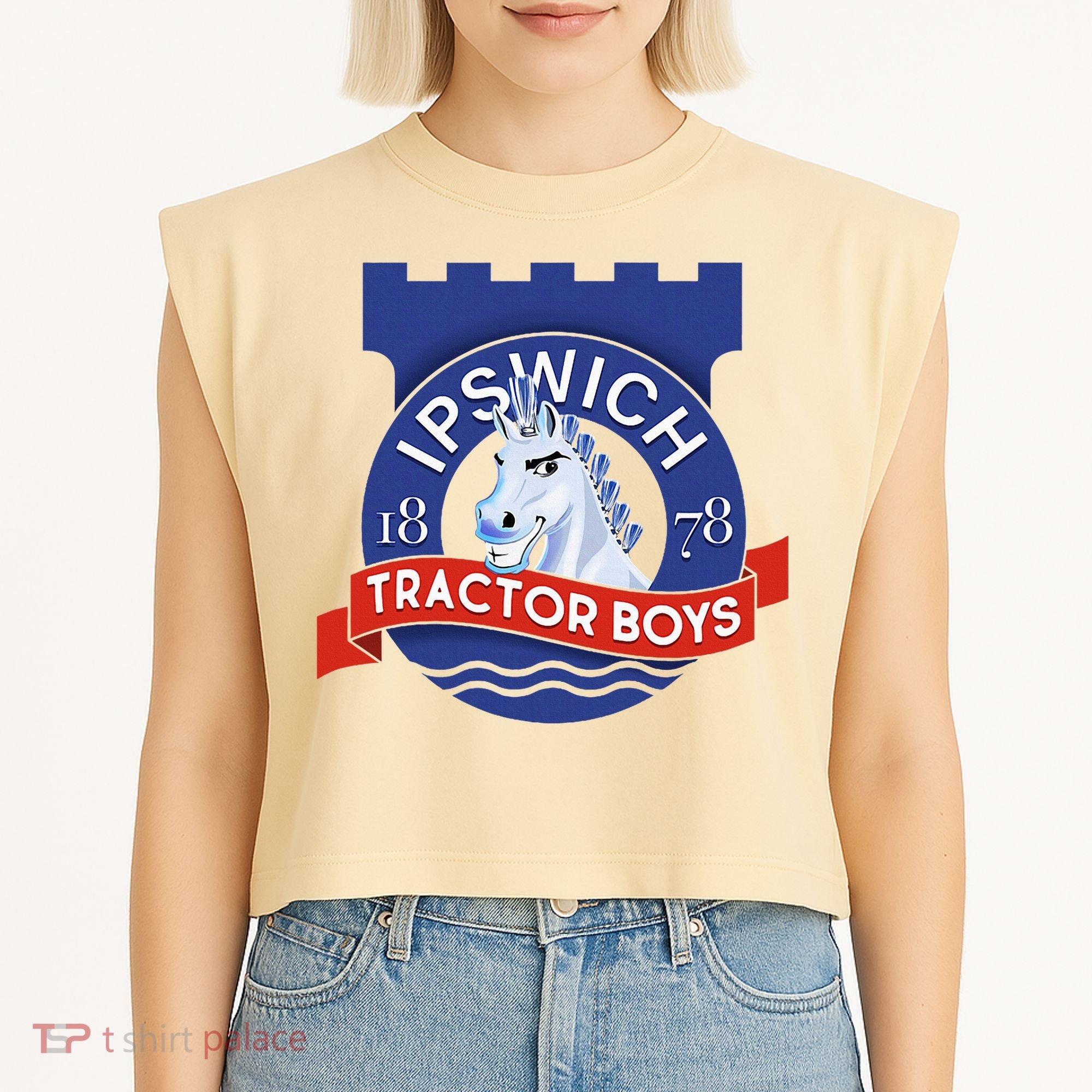 Ipswich Town Fan Tractor Suffolk Punch Badge Garment-Dyed Women's Muscle Tee