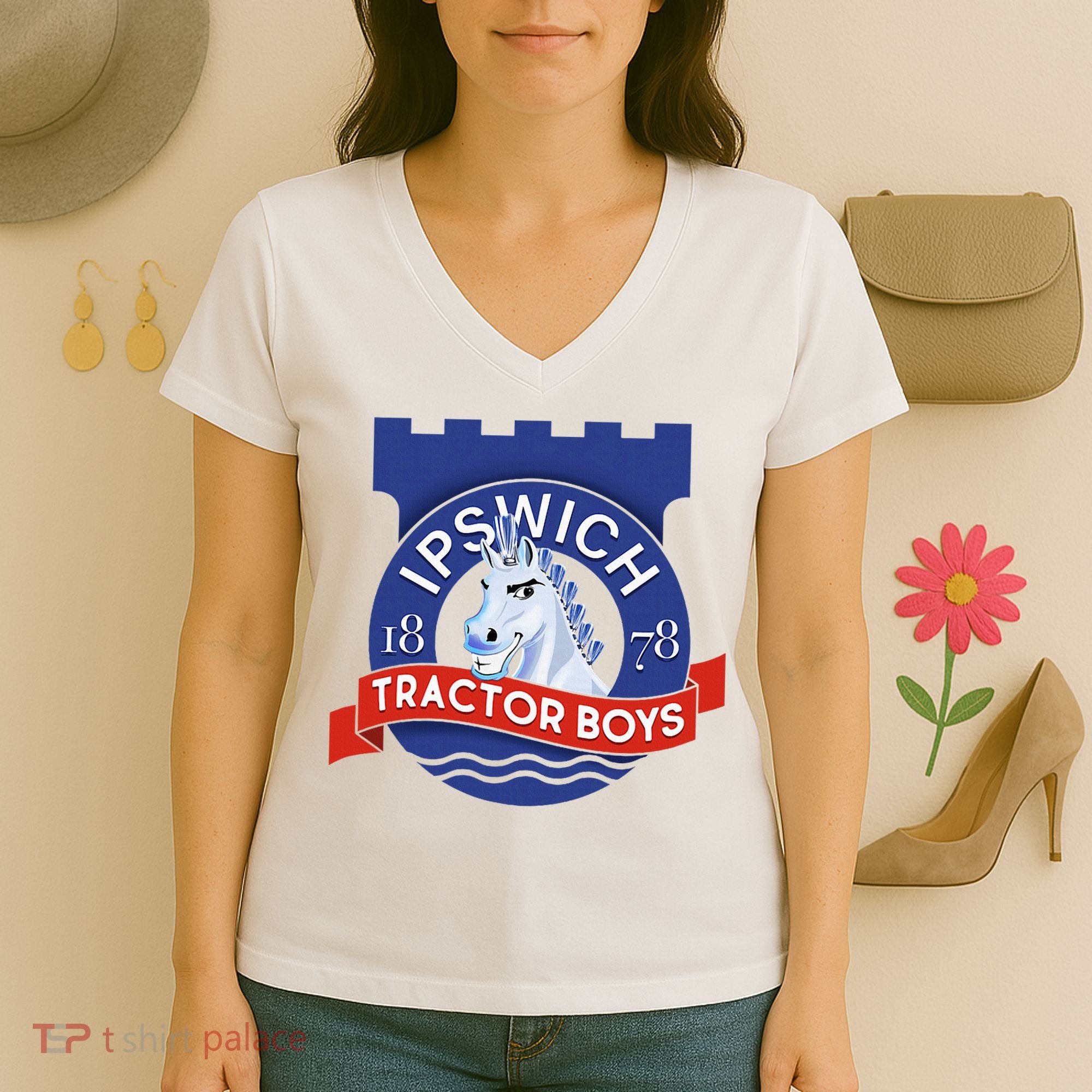 Ipswich Town Fan Tractor Suffolk Punch Badge Women's V-Neck T-Shirt