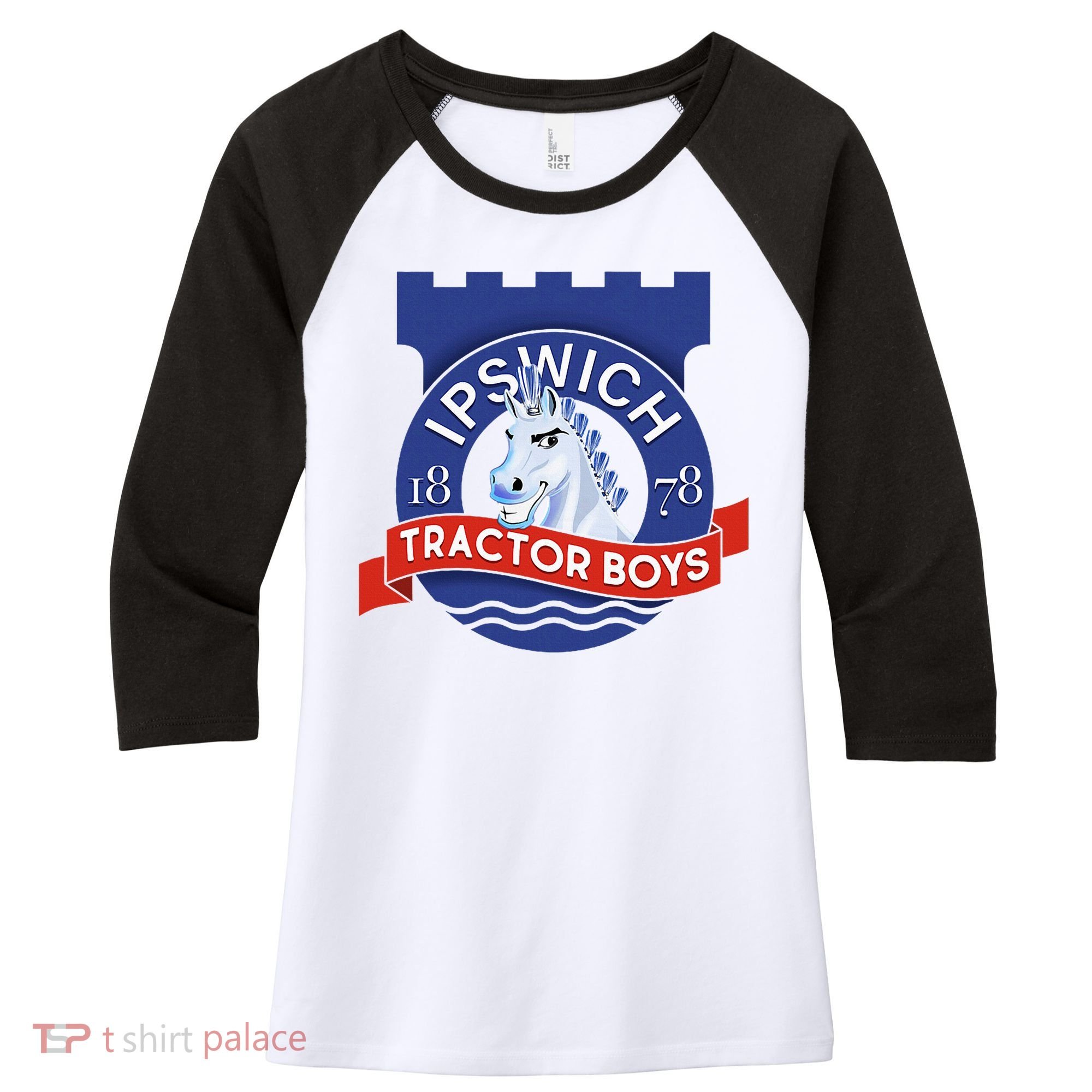 Ipswich Town Fan Tractor Suffolk Punch Badge Women's Tri-Blend 3/4-Sleeve Raglan Shirt
