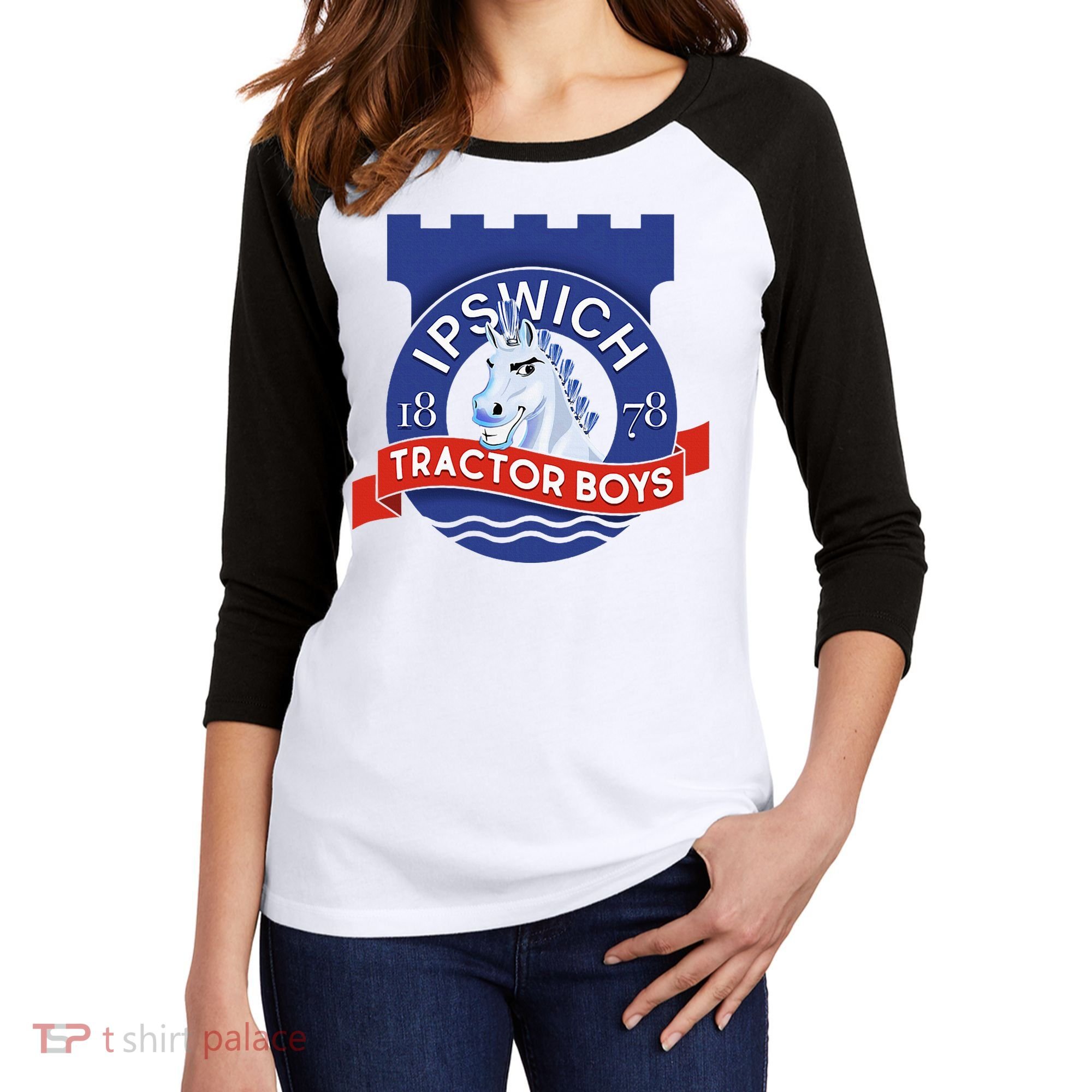 Ipswich Town Fan Tractor Suffolk Punch Badge Women's Tri-Blend 3/4-Sleeve Raglan Shirt