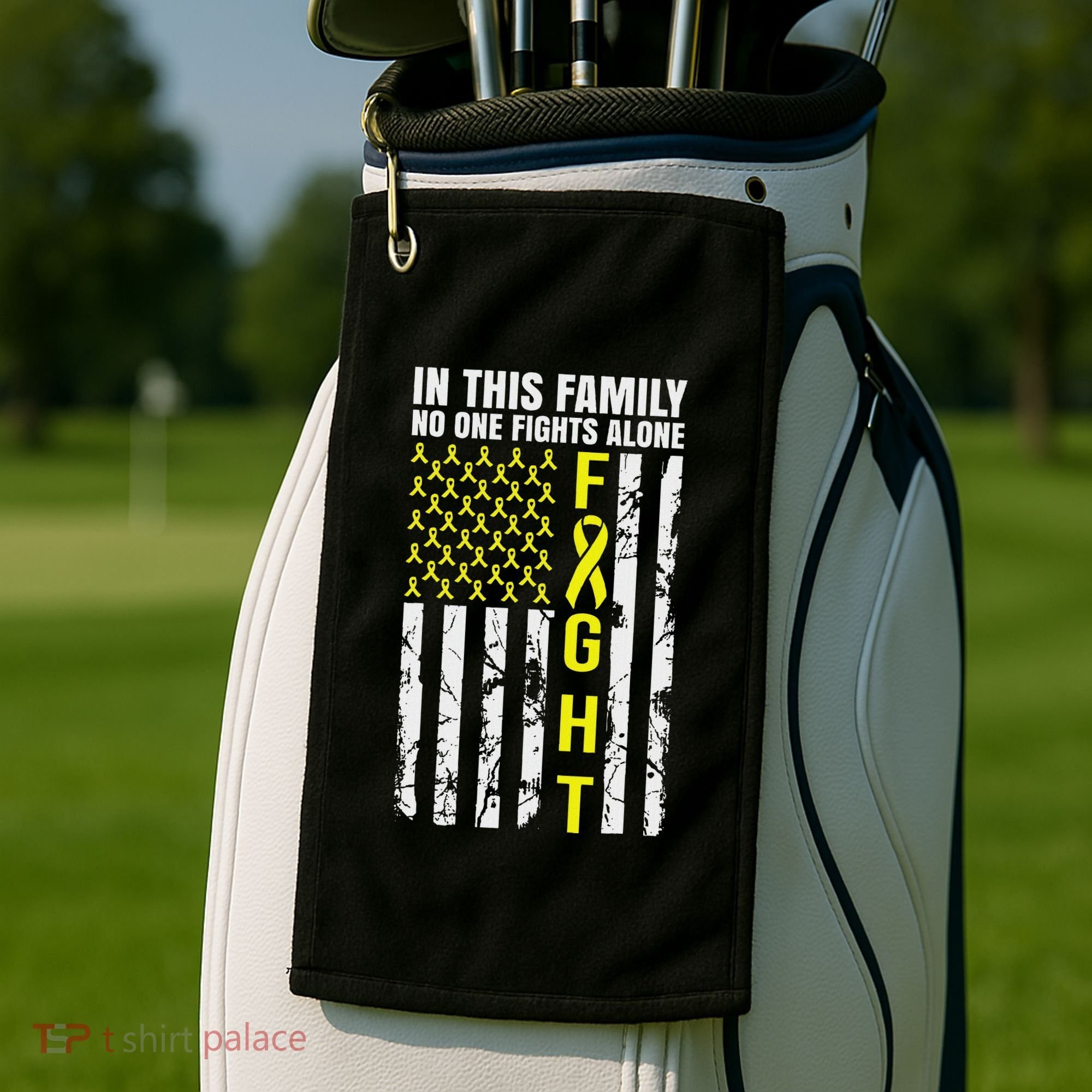 In This Family No One Fight Alone Sarcoma Awareness Golf Towel