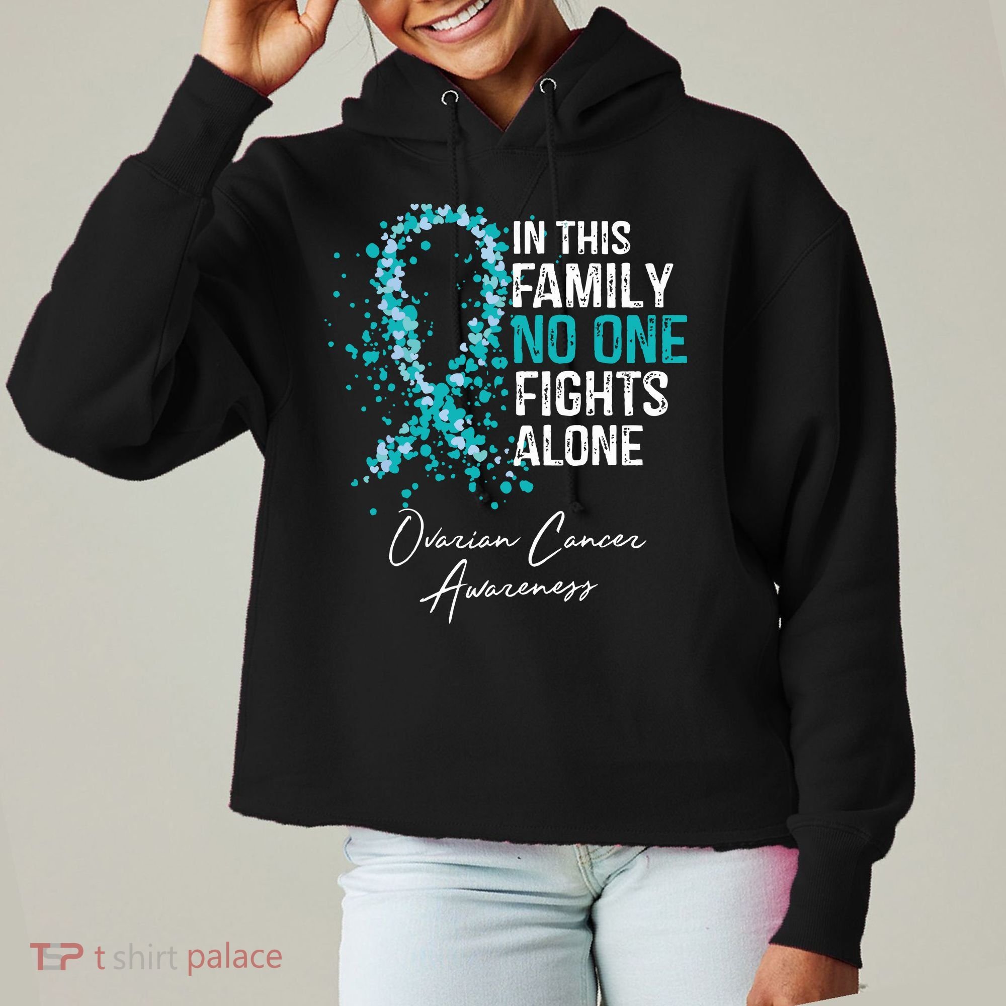 In This Family No One Fights Alone Ovarian Cancer Ladies Heavyweight Boxy Pullover Hoodie