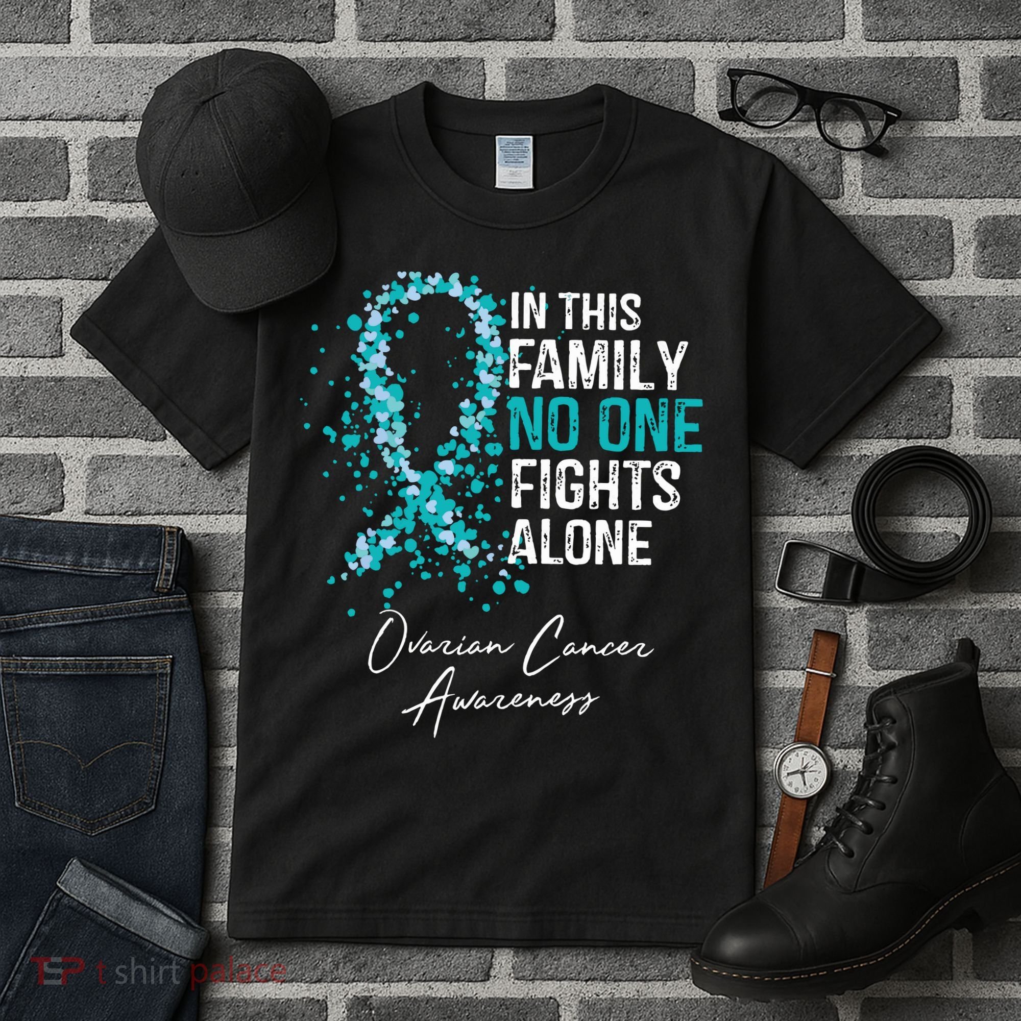 In This Family No One Fights Alone Ovarian Cancer Tall T-Shirt