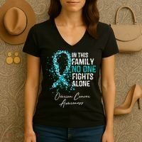 In This Family No One Fights Alone Ovarian Cancer Women's V-Neck T-Shirt thumb 3