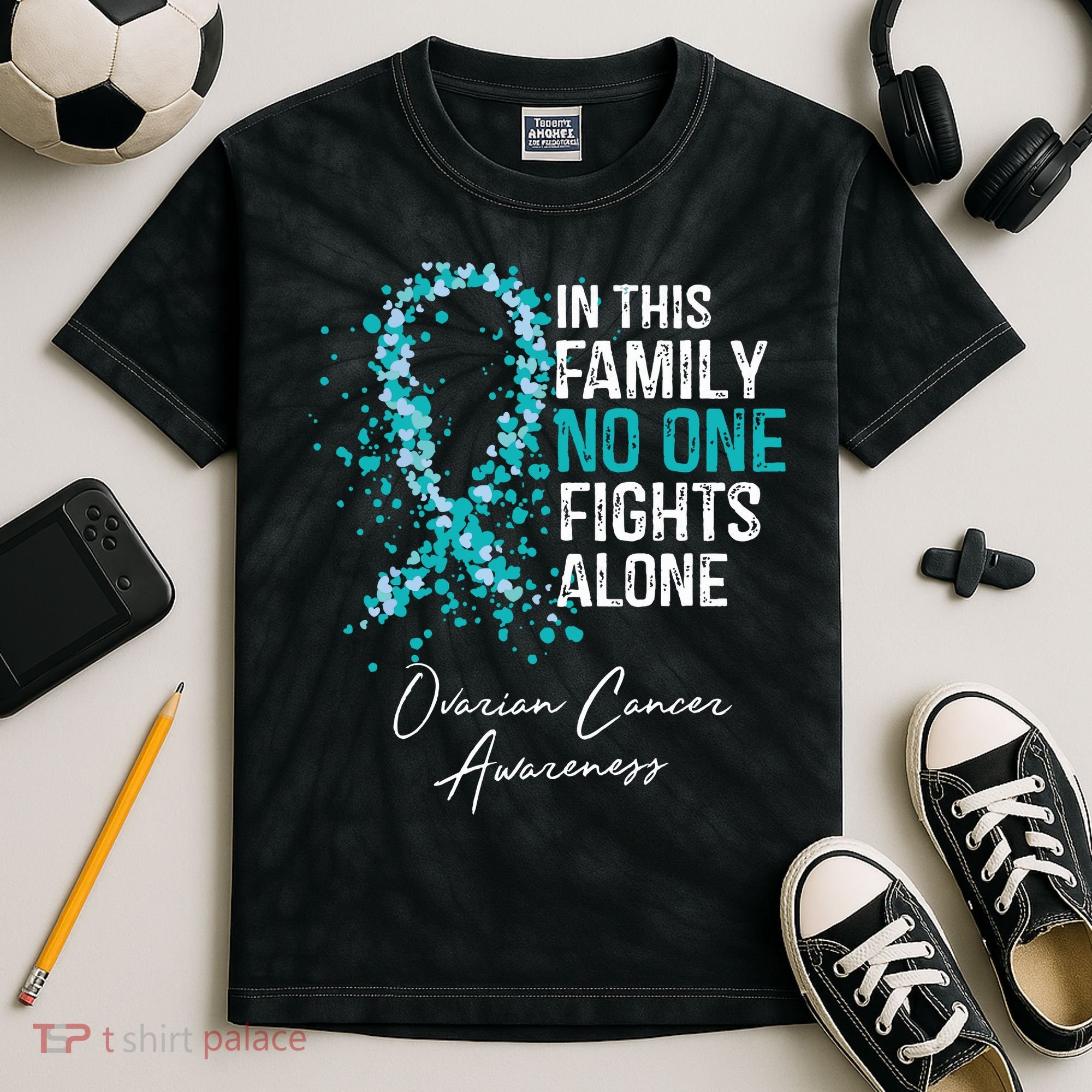 In This Family No One Fights Alone Ovarian Cancer Kids Tie-Dye T-Shirt