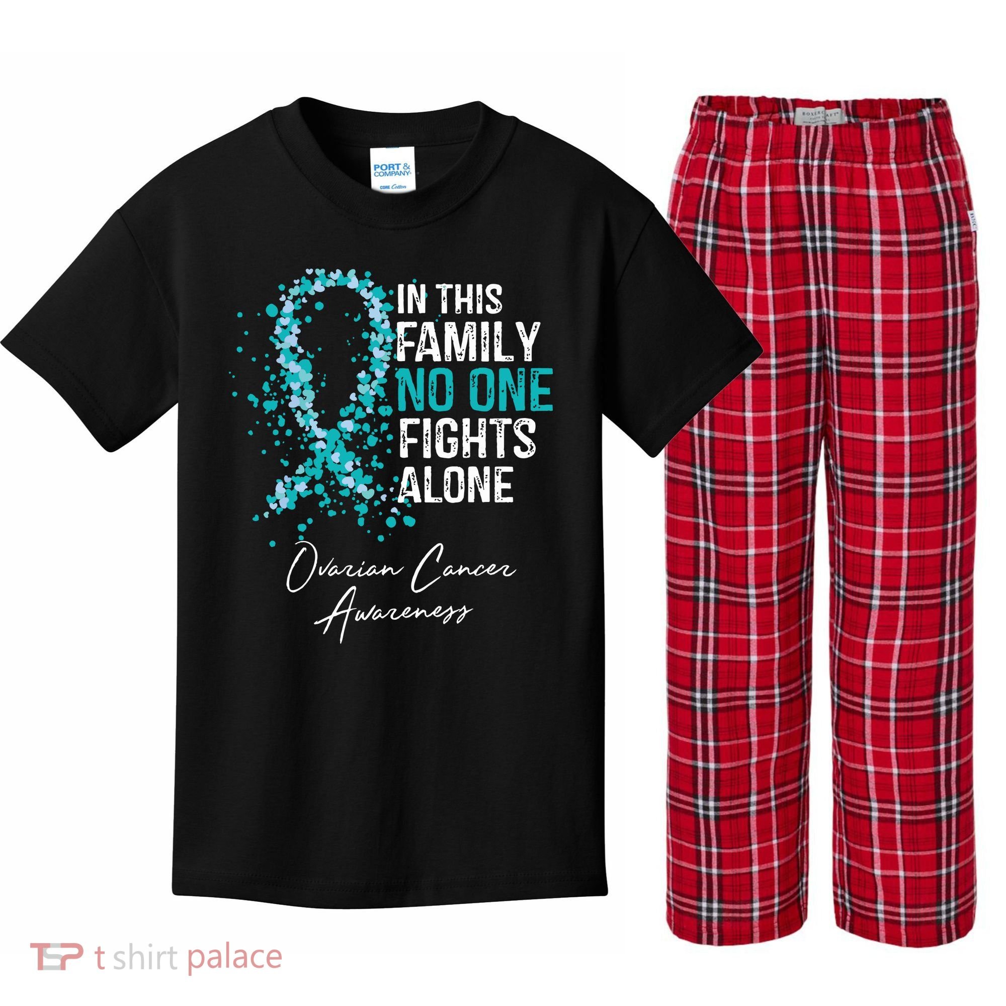 In This Family No One Fights Alone Ovarian Cancer Kids Plaid Pajama Set