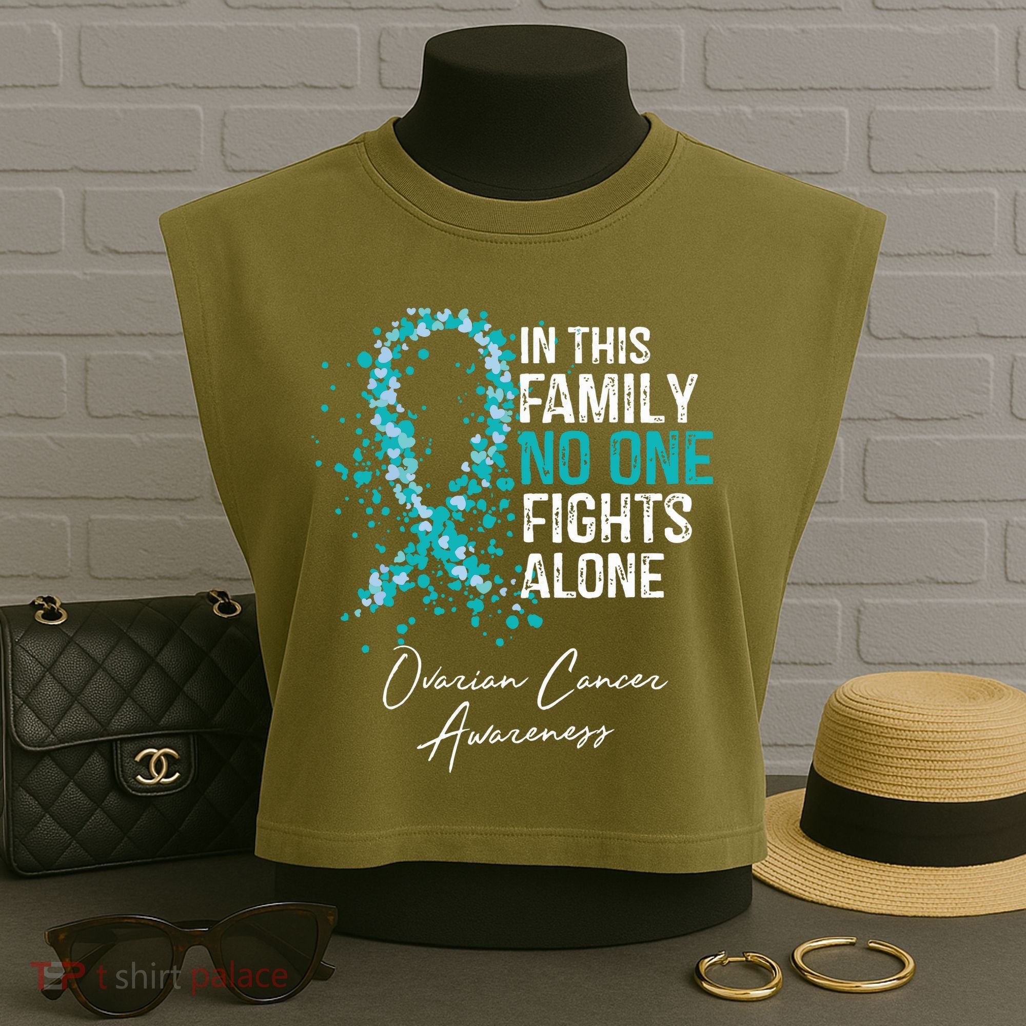 In This Family No One Fights Alone Ovarian Cancer Garment-Dyed Women's Muscle Tee