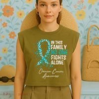 In This Family No One Fights Alone Ovarian Cancer Garment-Dyed Women's Muscle Tee thumb 4