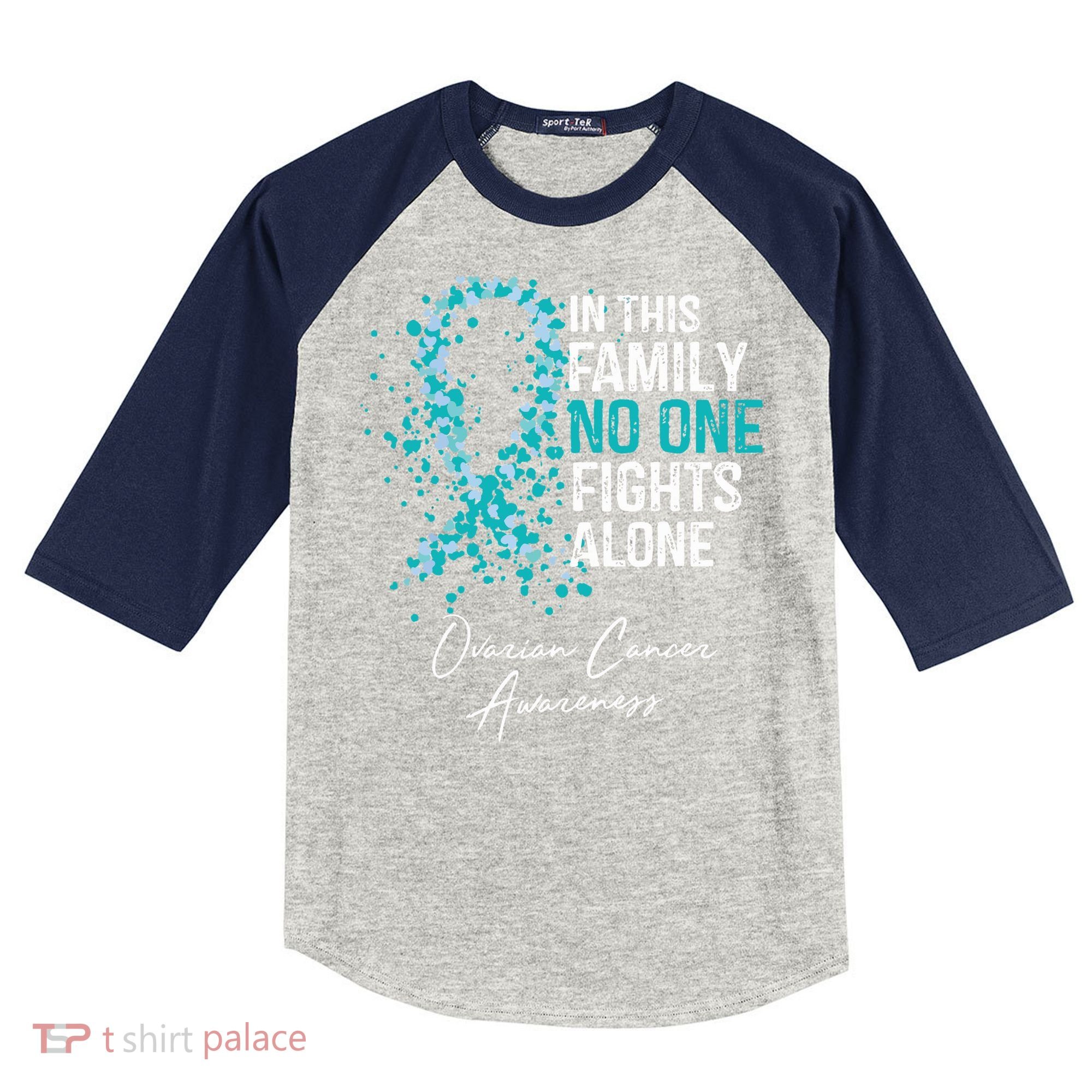 In This Family No One Fights Alone Ovarian Cancer Kids Colorblock Raglan Jersey
