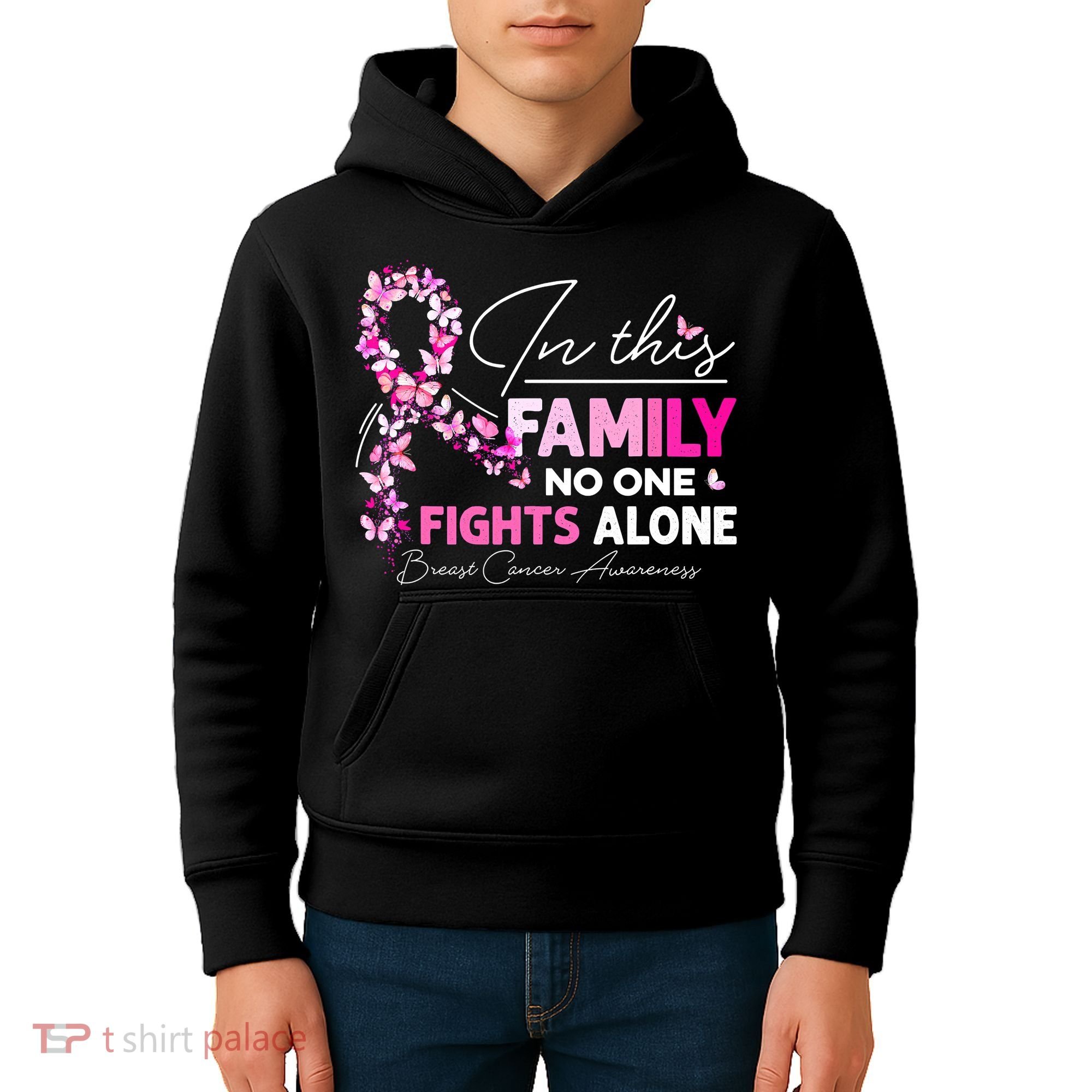 In This Family No One Fight Alone Breast Cancer Awareness Kids Hoodie