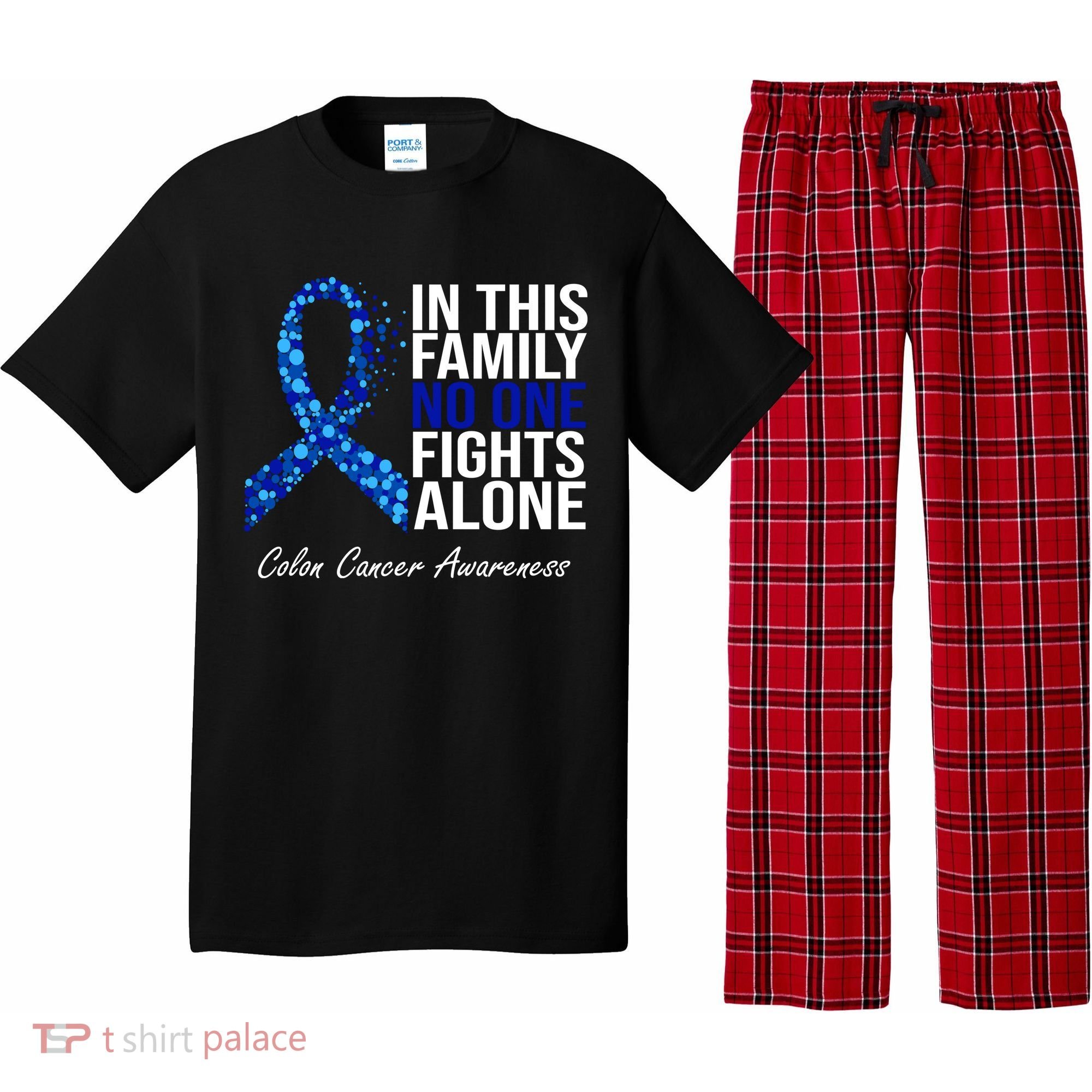 In This Family No One Fights Alone Colon Cancer Ribbon Pajama Set