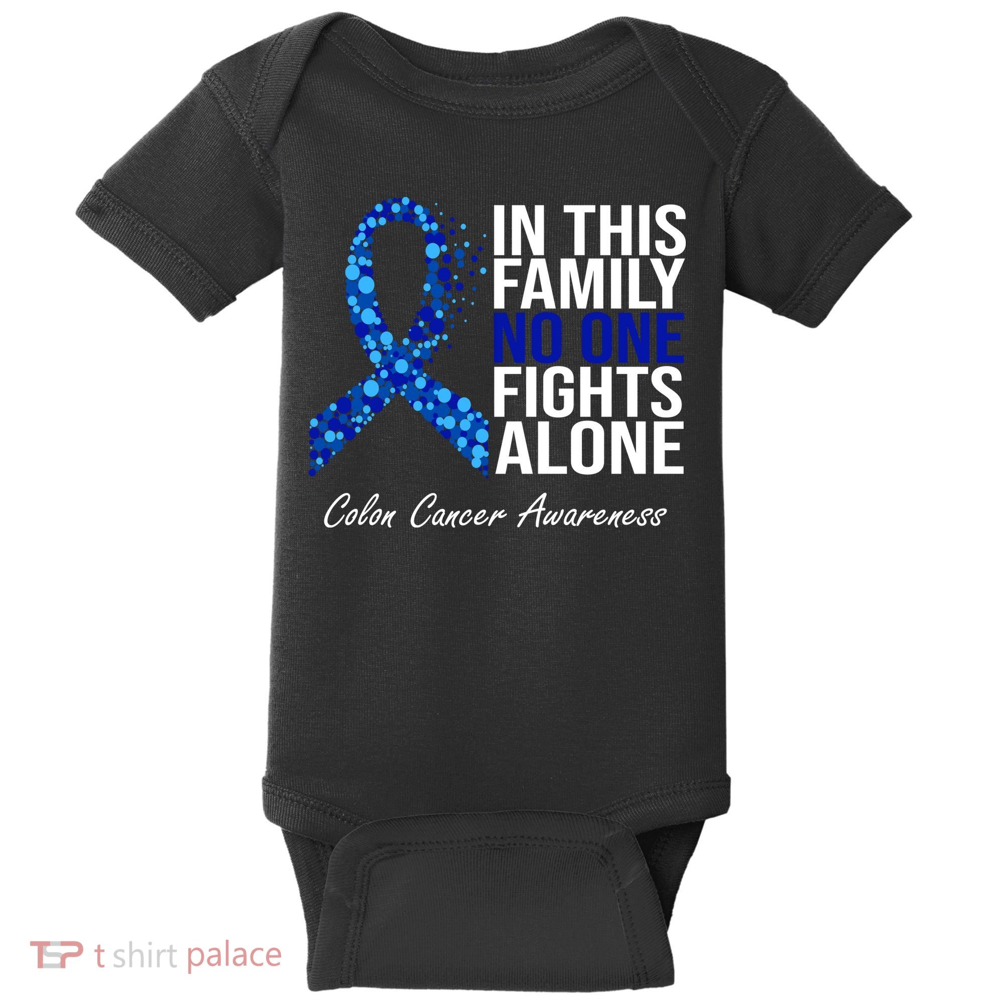 In This Family No One Fights Alone Colon Cancer Ribbon Baby Bodysuit