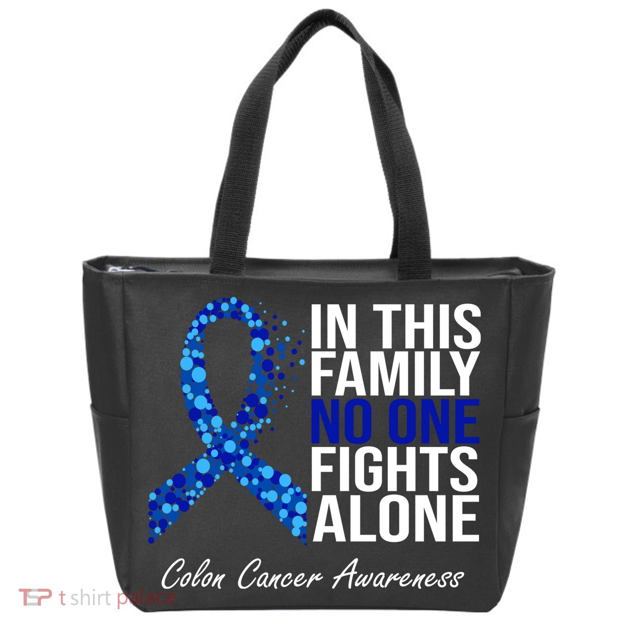In This Family No One Fights Alone Colon Cancer Ribbon Tote Bag