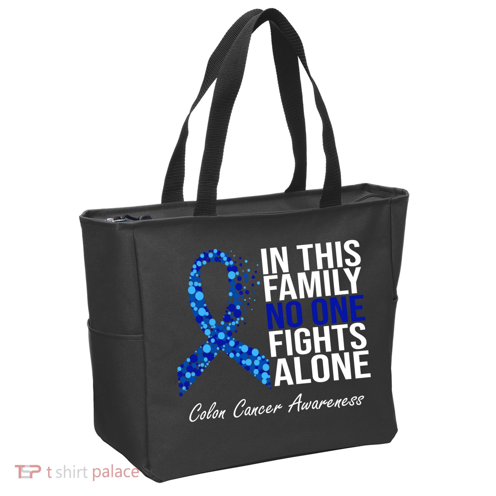 In This Family No One Fights Alone Colon Cancer Ribbon Tote Bag