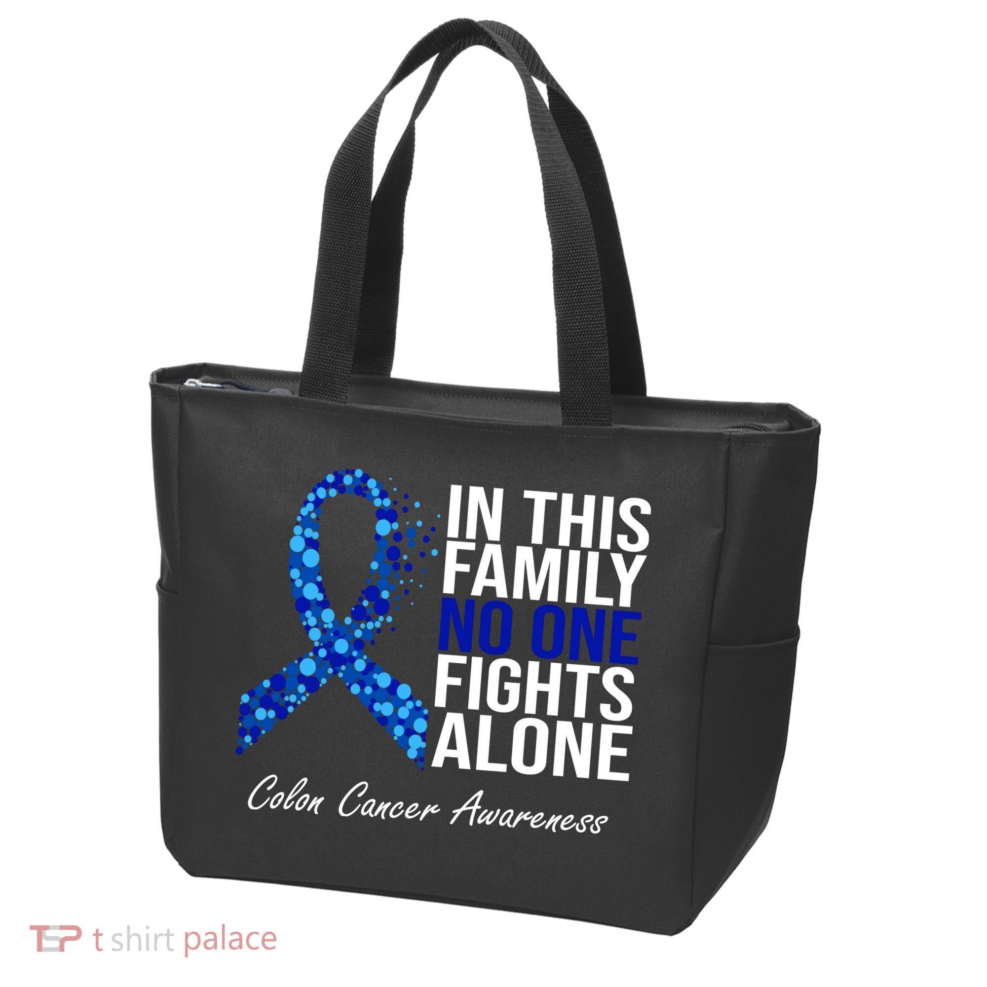 In This Family No One Fights Alone Colon Cancer Ribbon Tote Bag