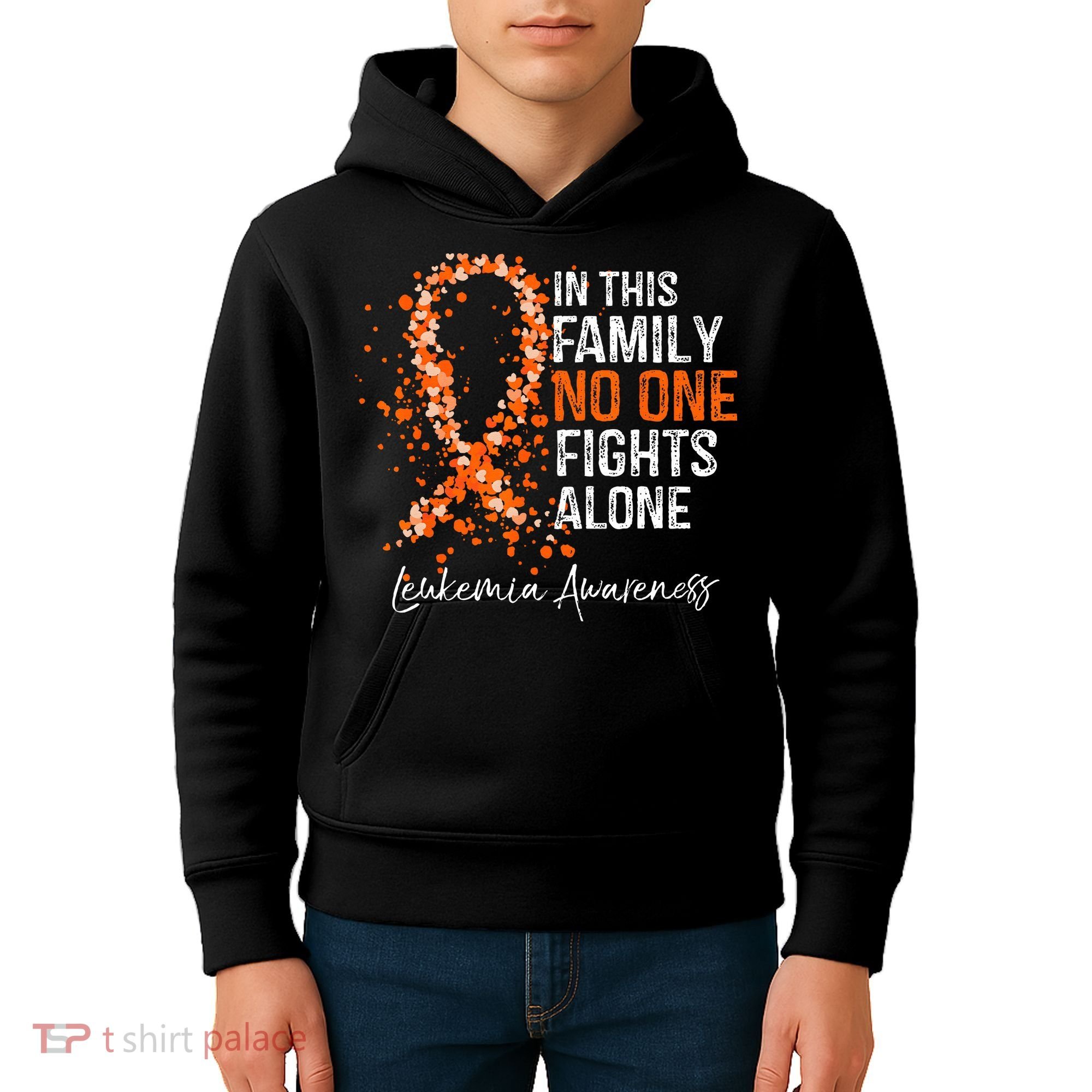 In This Family No One Fights Alone Leukemia Awareness Kids Hoodie