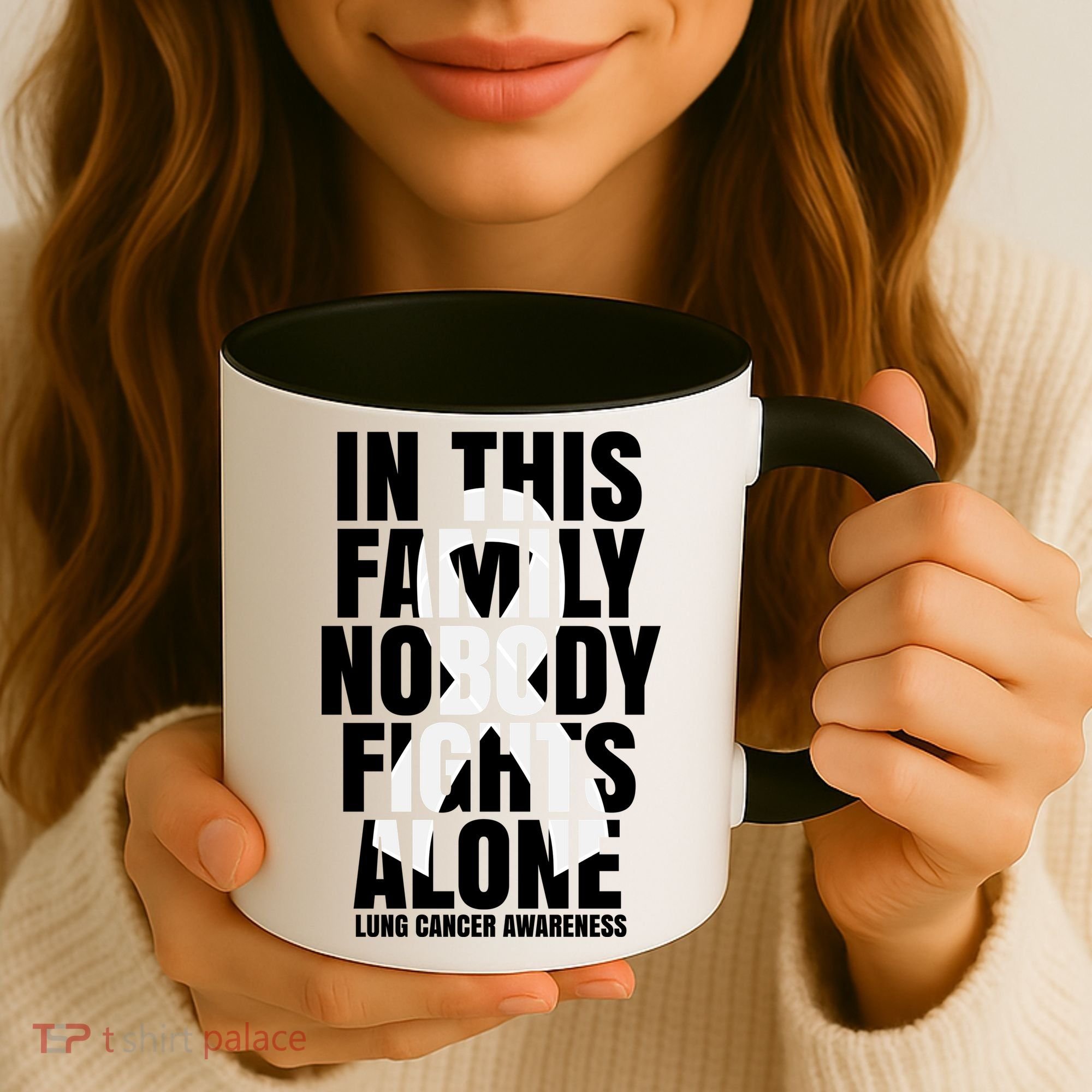 In This Family Nobody Fights Alone Lung Cancer Awareness Coffee Mug