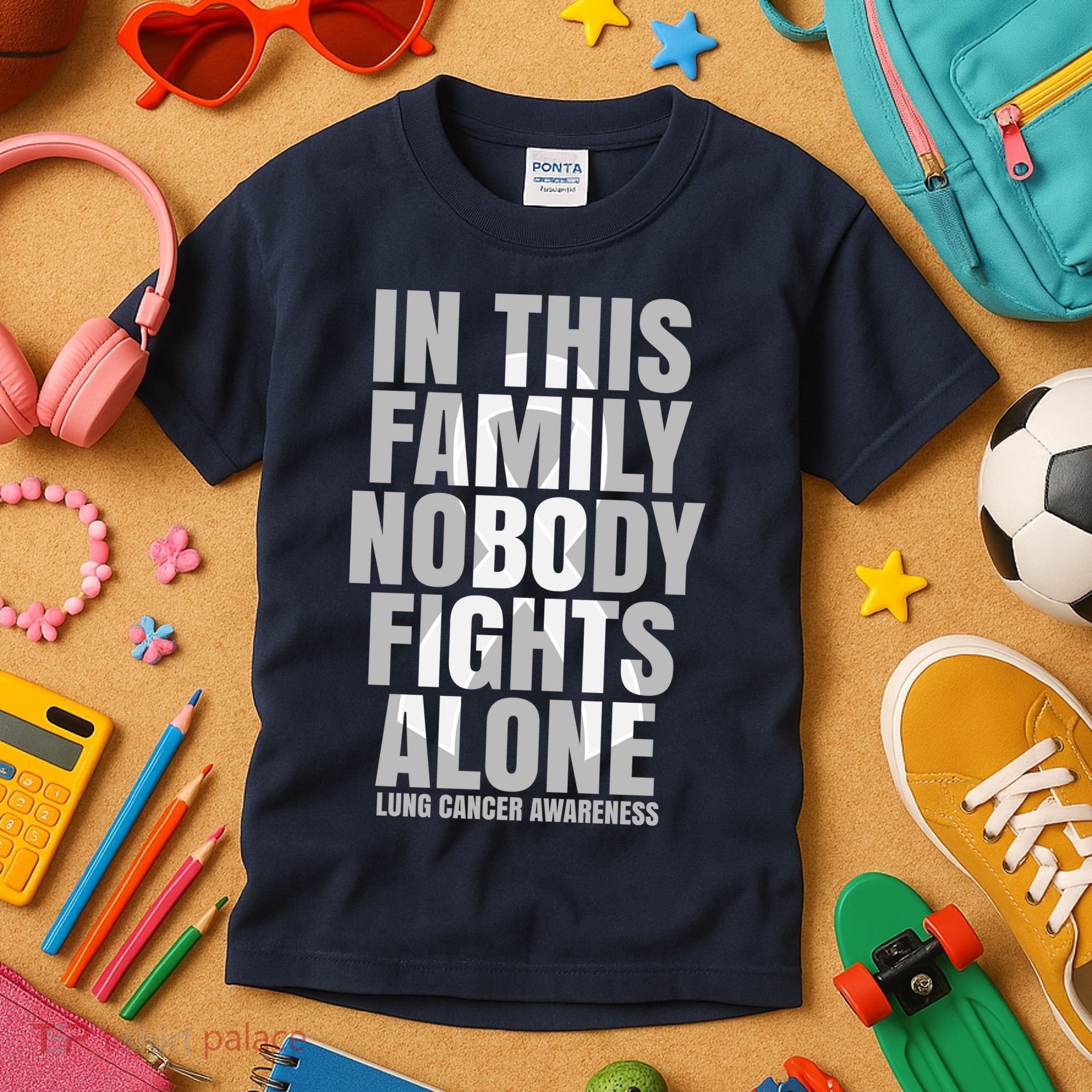 In This Family Nobody Fights Alone Lung Cancer Awareness Kids T-Shirt