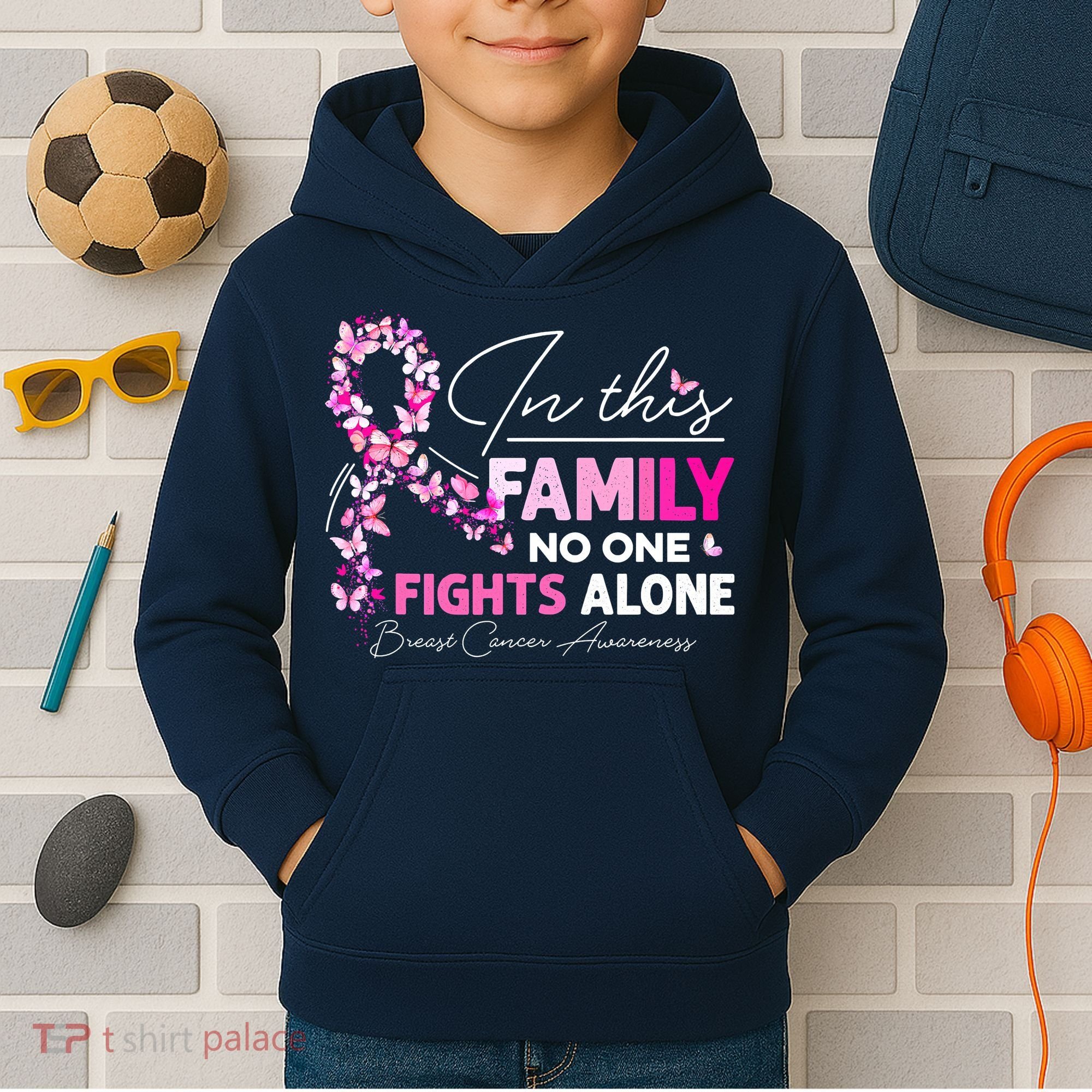 In This Family No One Fight Alone Breast Cancer Awareness Kids Hoodie