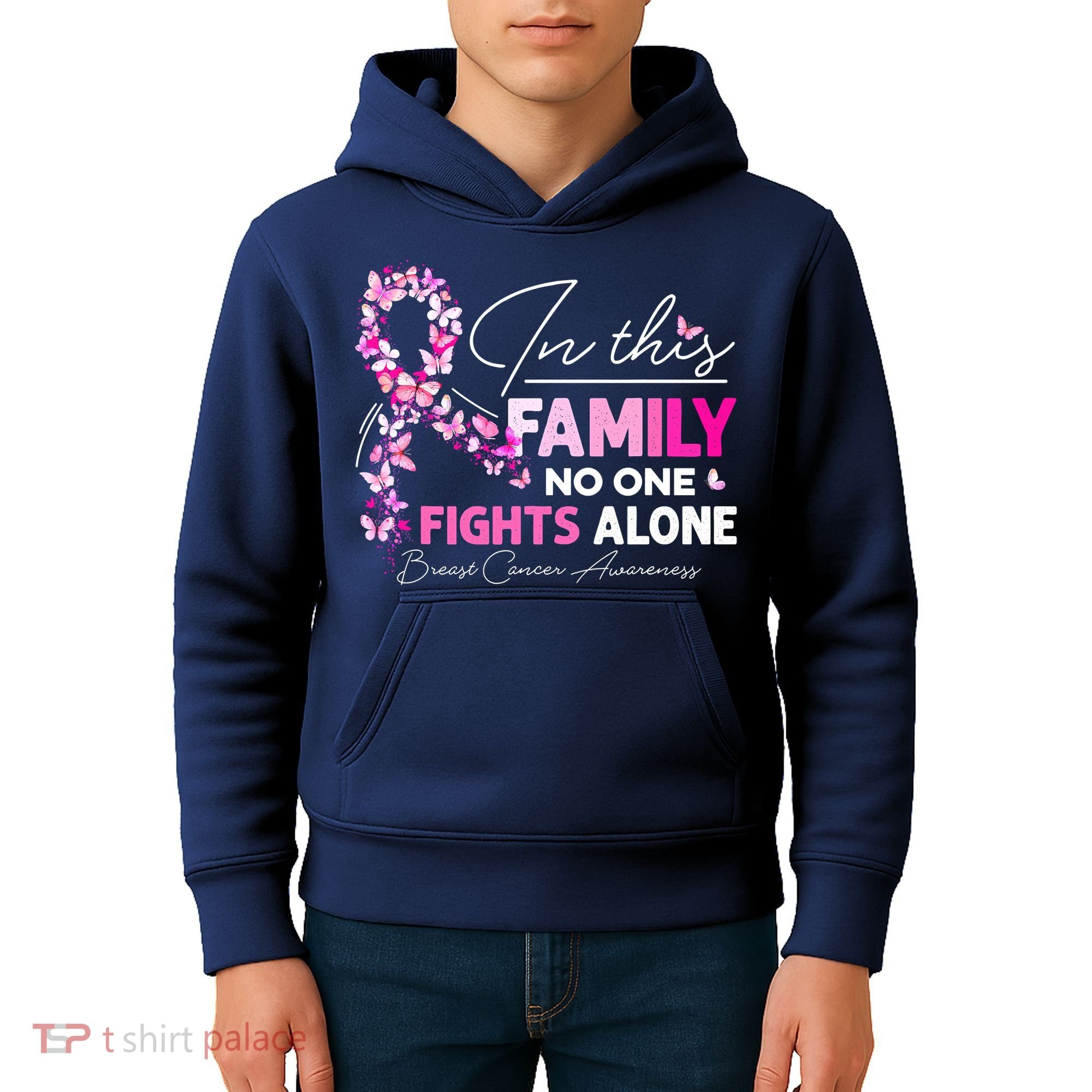 In This Family No One Fight Alone Breast Cancer Awareness Kids Hoodie