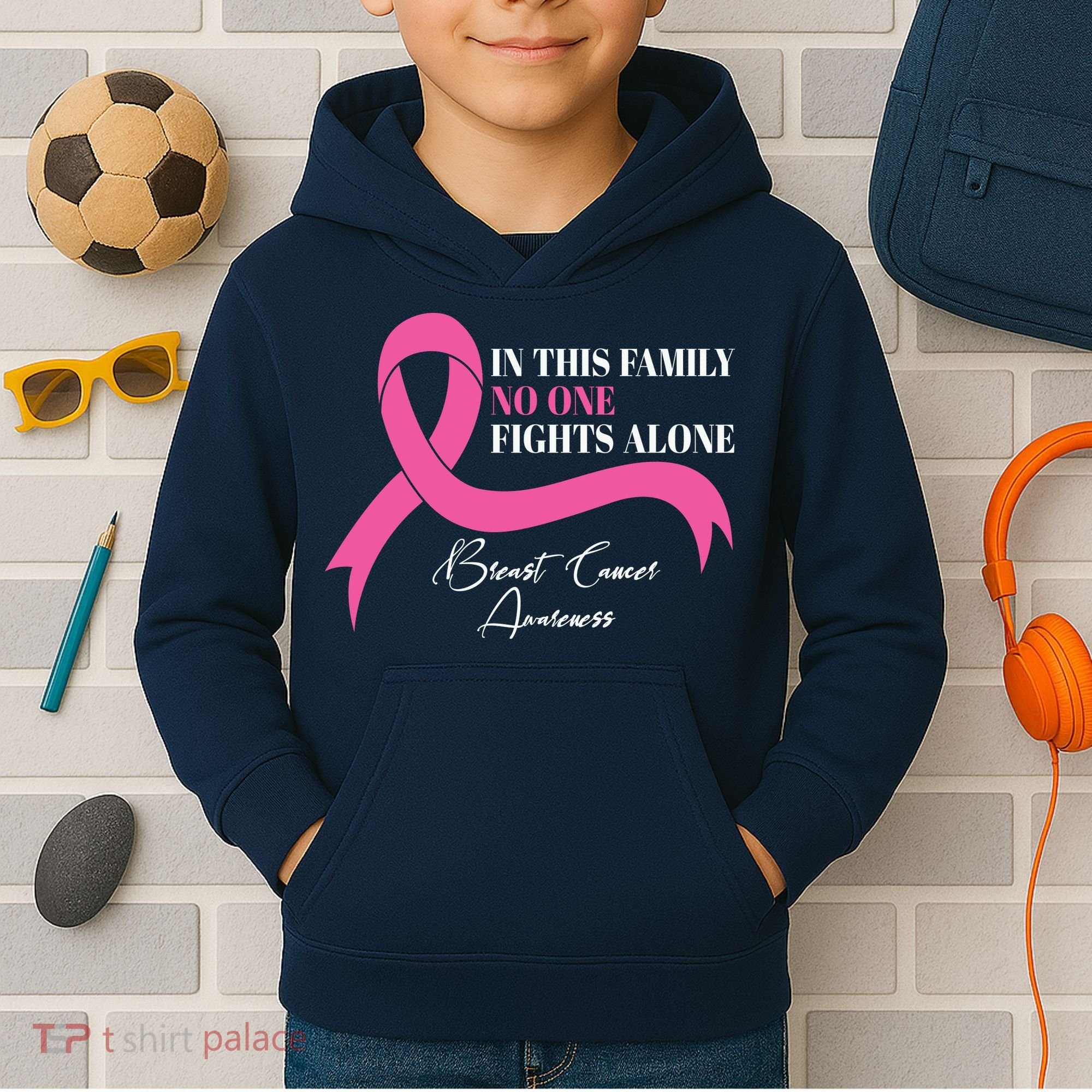 In This Family No One Fights Alone Breast Cancer Awareness Kids Hoodie