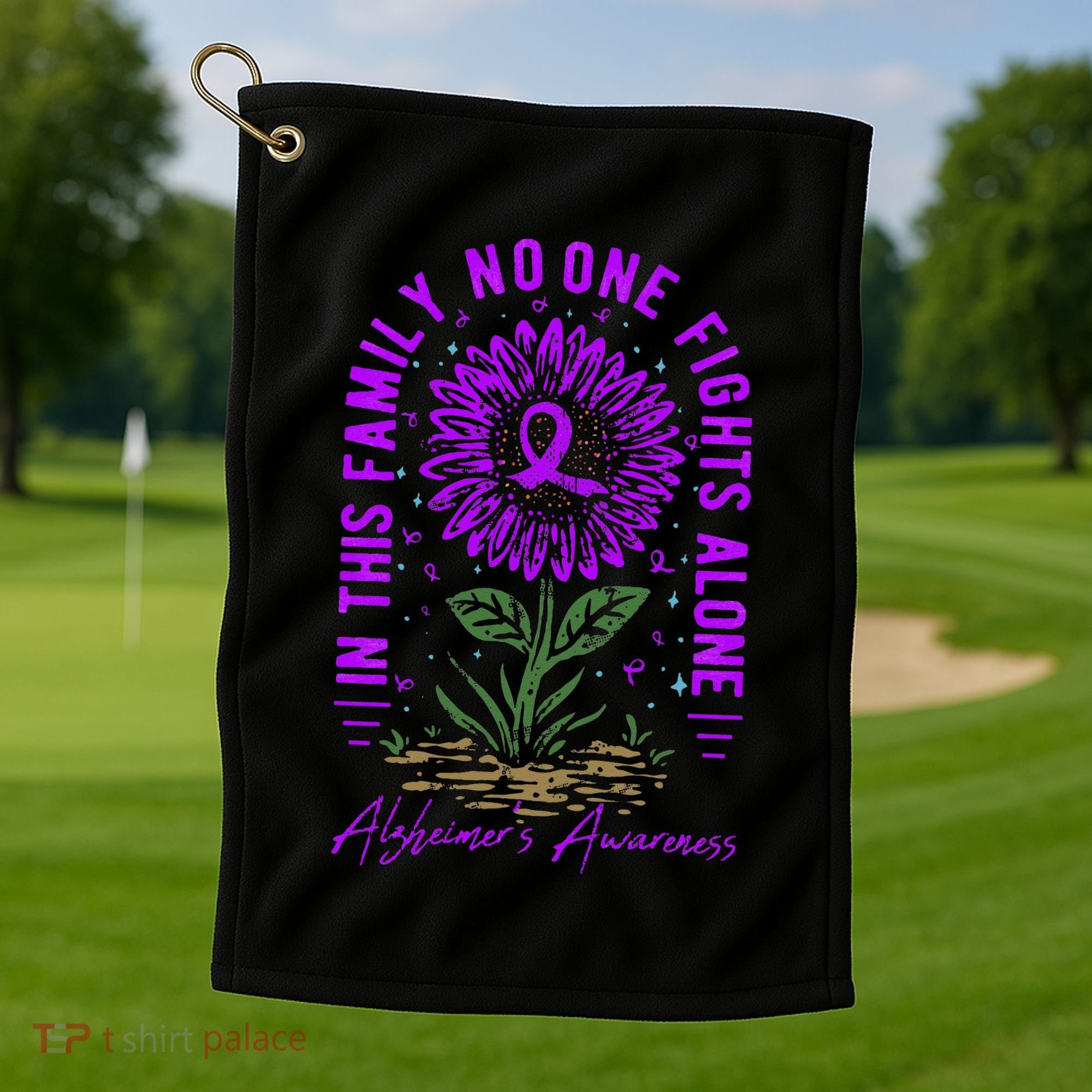 In This Family No One Fight Alone Alzheimer’s Awareness Golf Towel