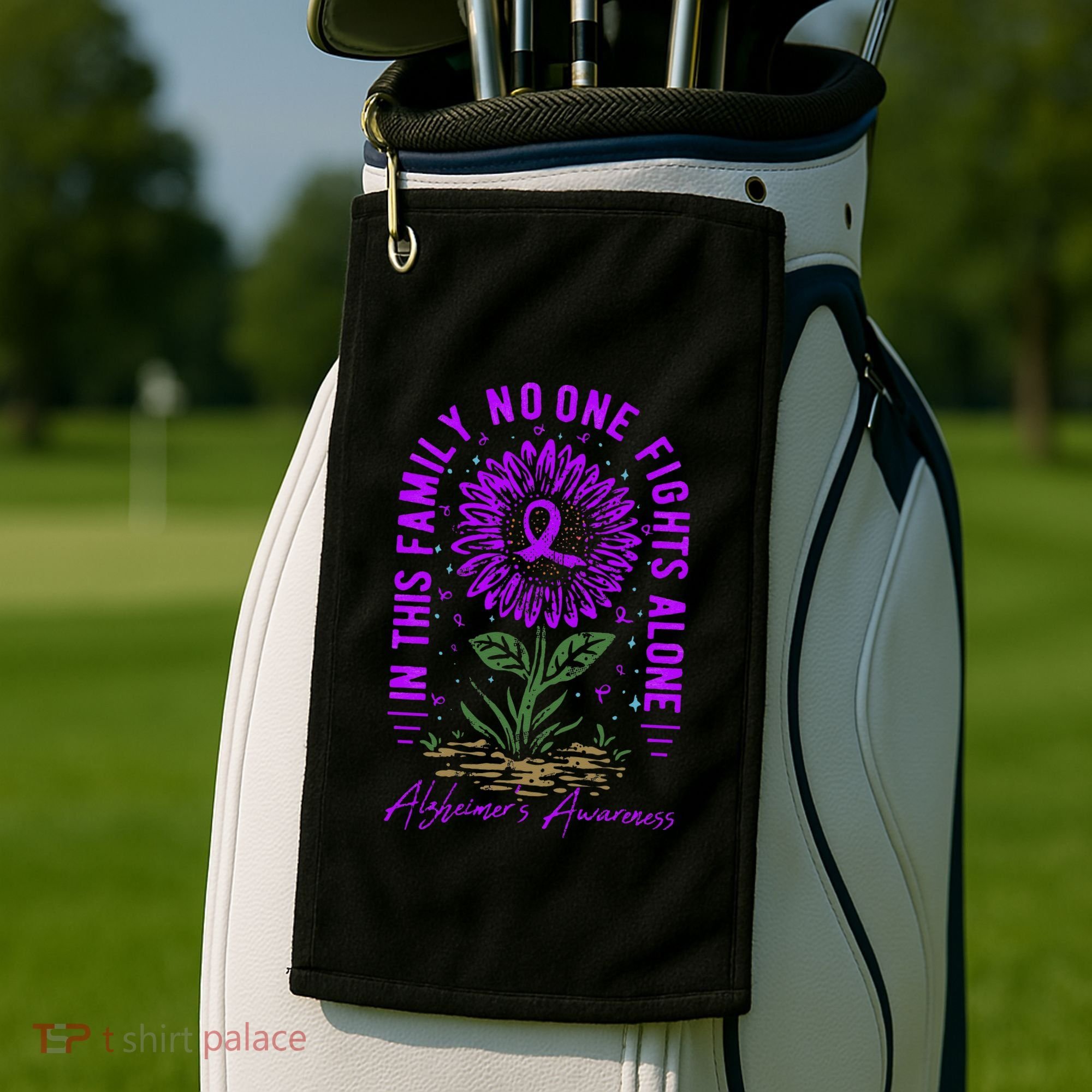 In This Family No One Fight Alone Alzheimer’s Awareness Golf Towel