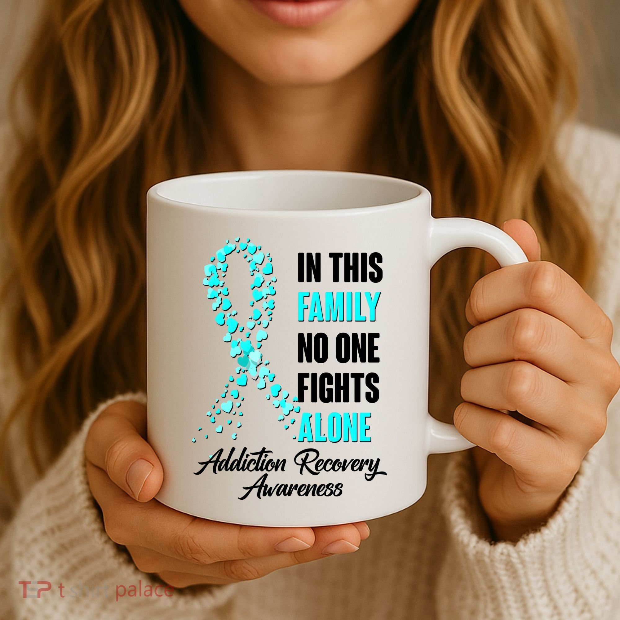 In This Family No One Fight Alone Addiction Recovery Awareness Coffee Mug