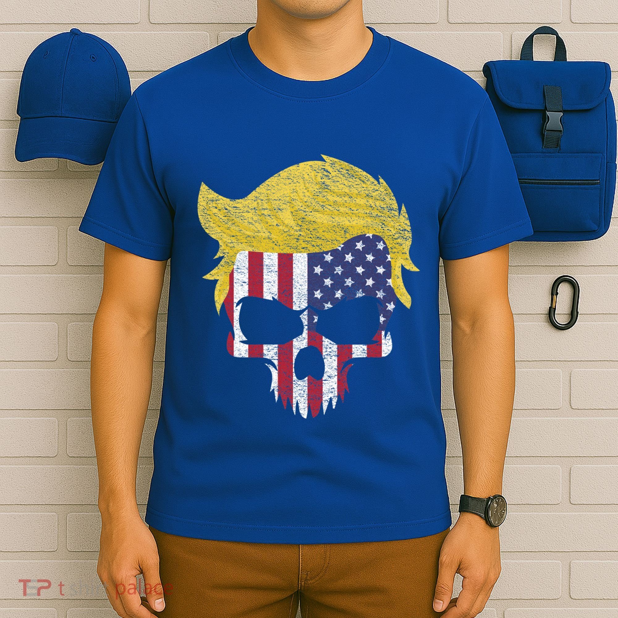 Iconic Trump Hair Skull Usa Flag Funny Republican Gift Great Gift T-Shirt