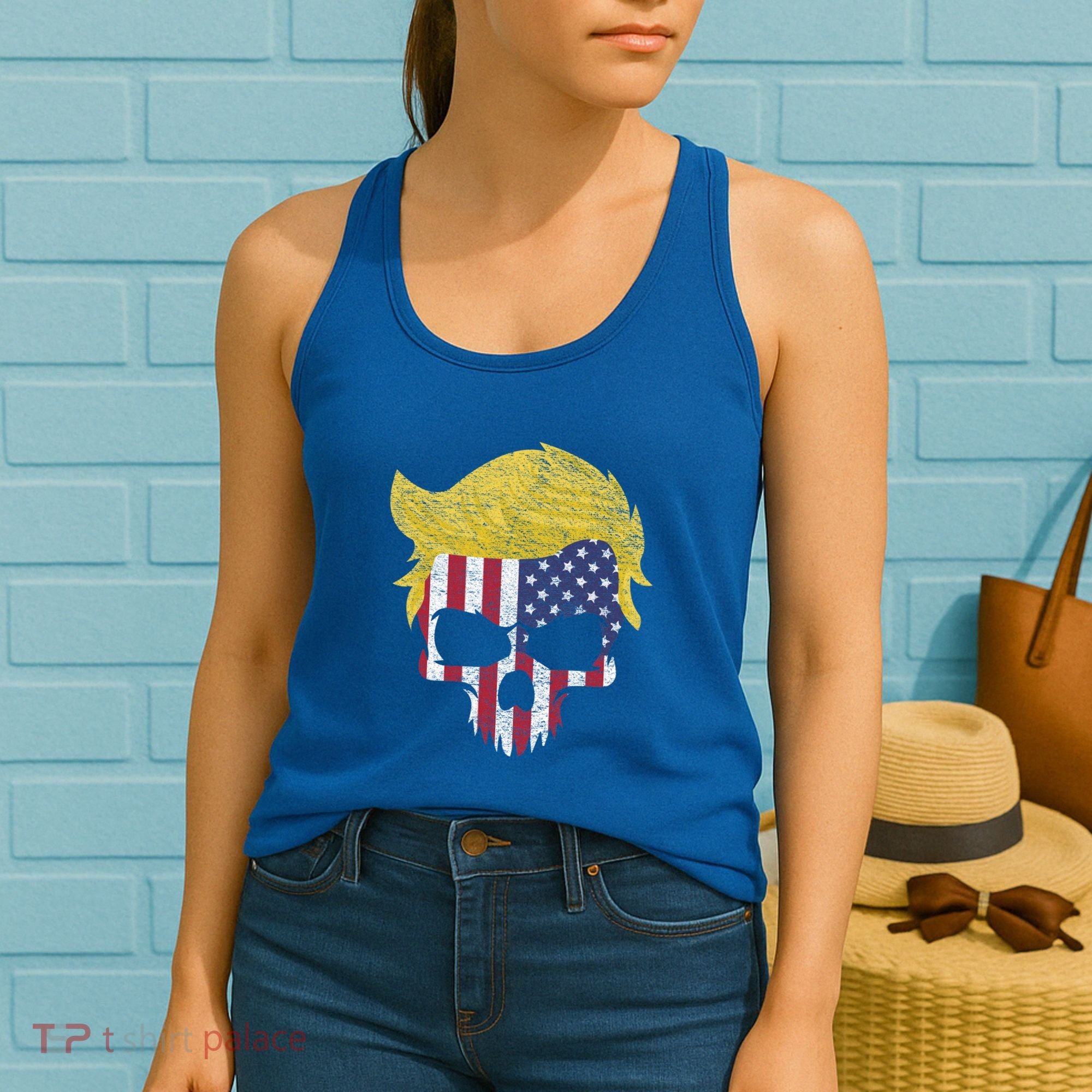 Iconic Trump Hair Skull Usa Flag Funny Republican Gift Great Gift Women's Tank Top