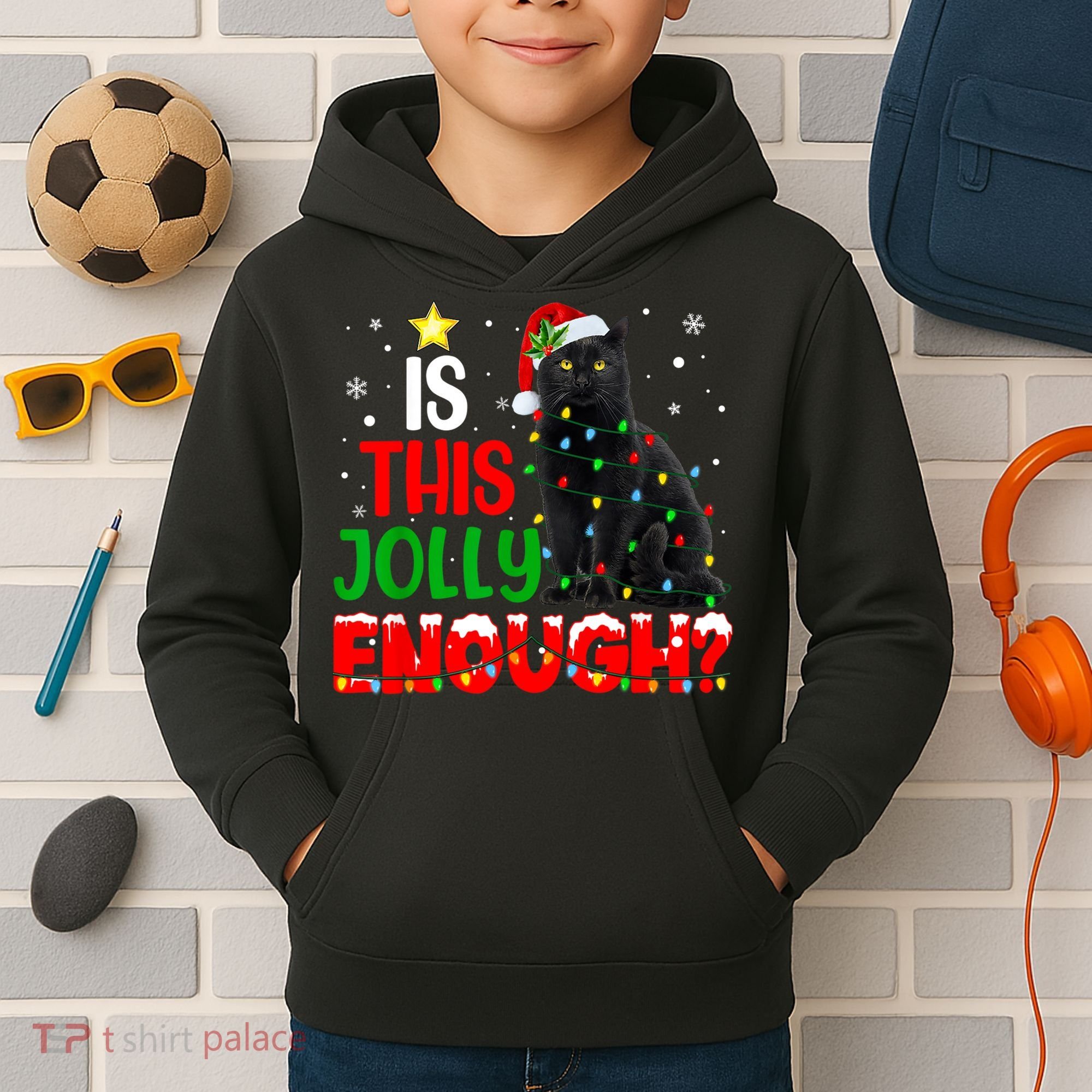 Is This Jolly Enough Funny Cat Xmas Tree Kids Hoodie