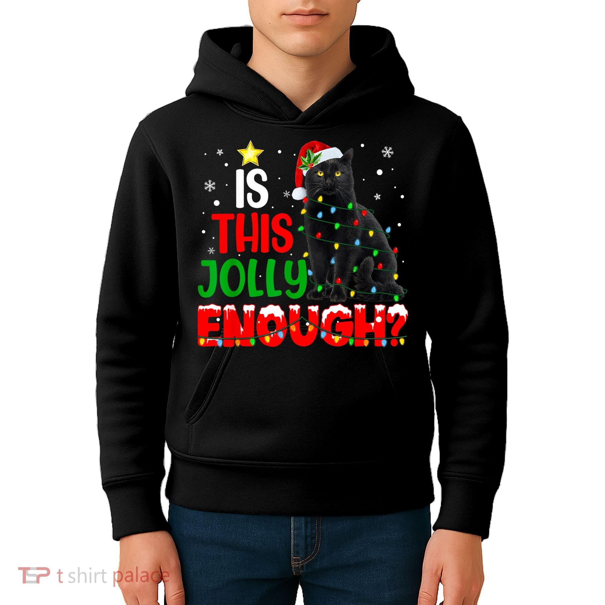 Is This Jolly Enough Funny Cat Xmas Tree Kids Hoodie
