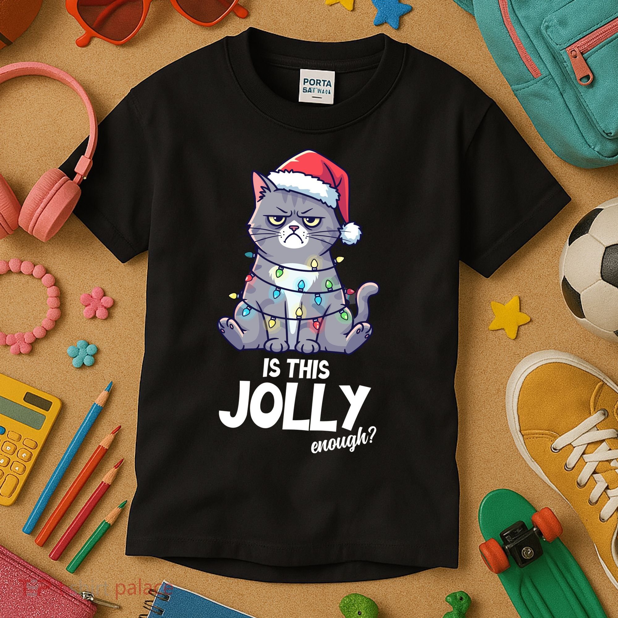 Is This Jolly Enough Christmas Cat Xmas Kids T-Shirt