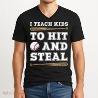 I Teach Kids To Hit And Steal Funny Baseball Coach V-Neck T-Shirt thumb 2