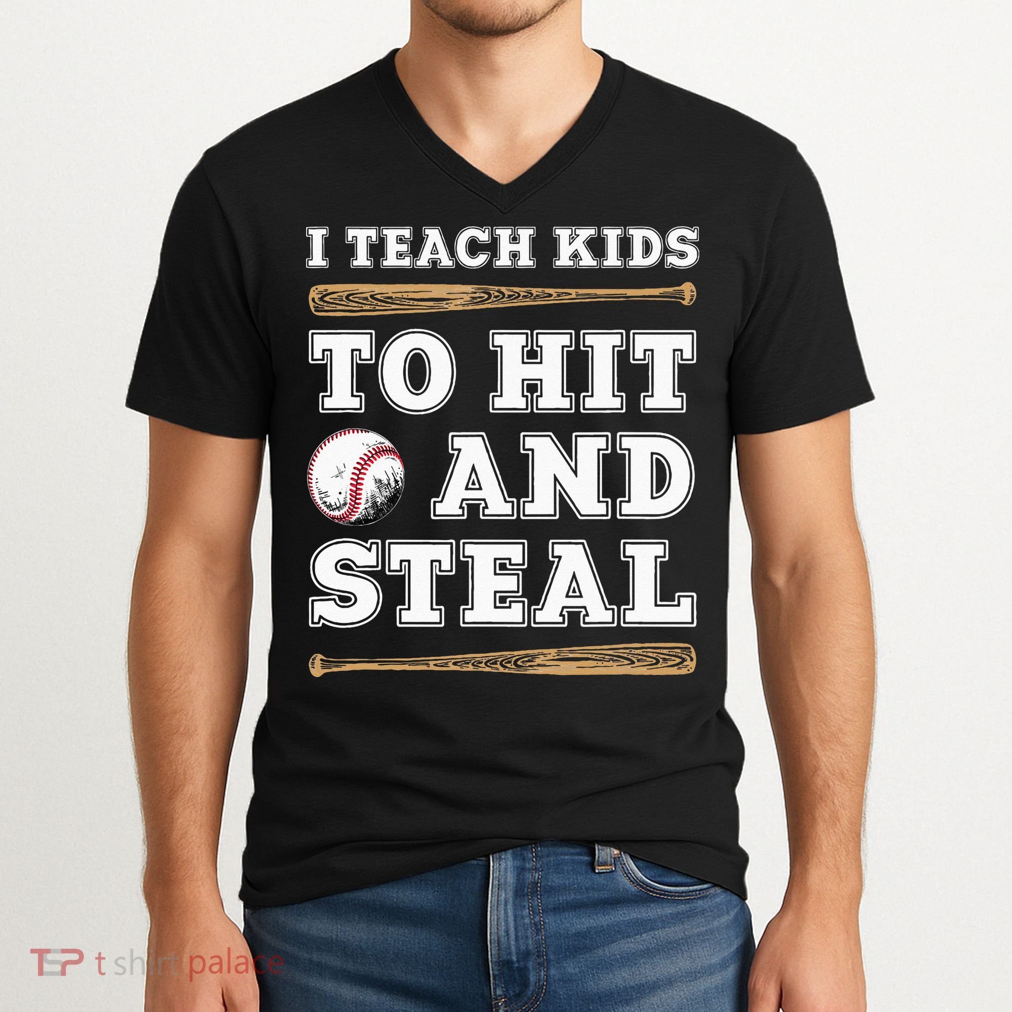 I Teach Kids To Hit And Steal Funny Baseball Coach V-Neck T-Shirt